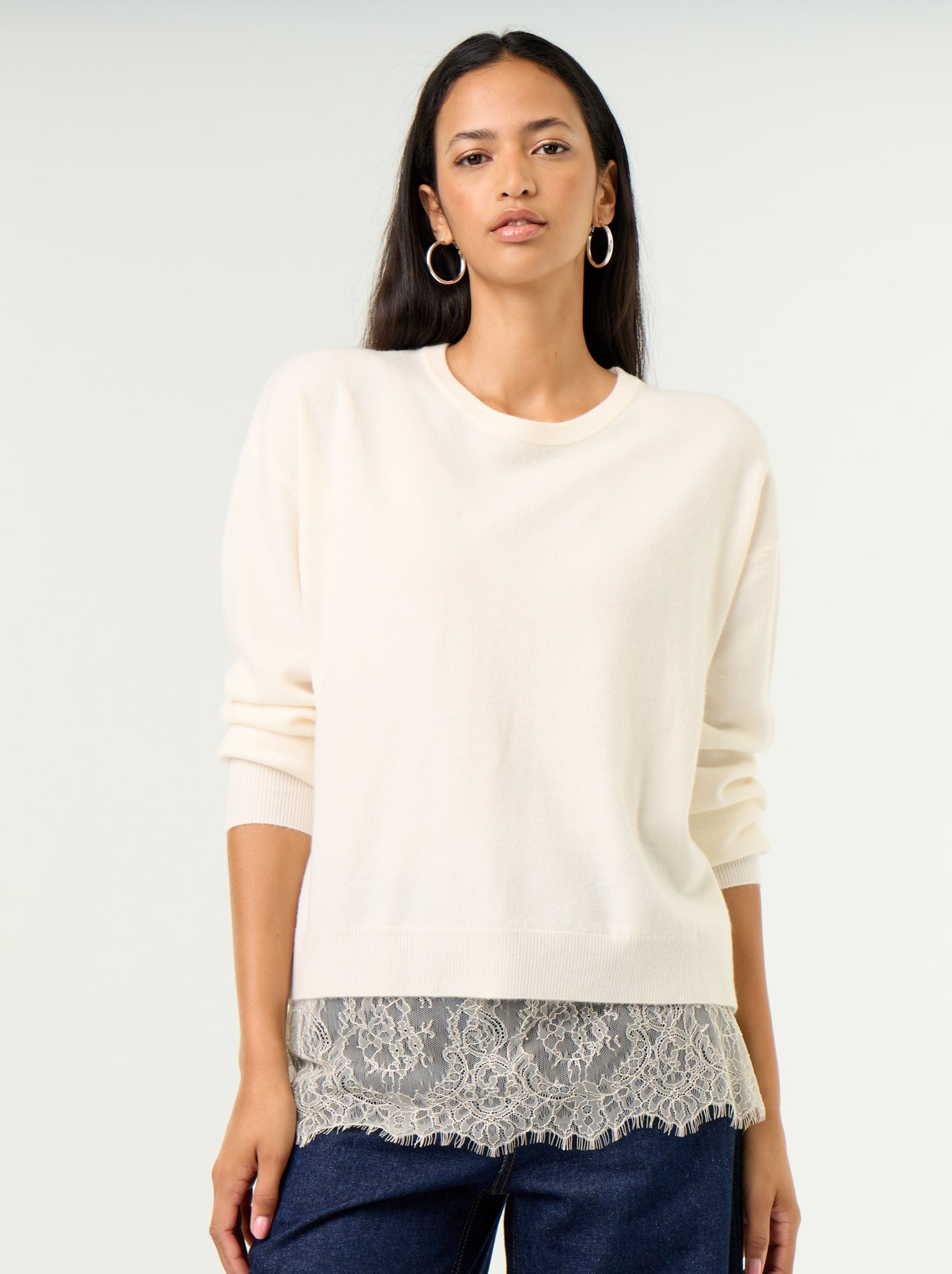 Pull avec empiècement en dentelle - Blanc