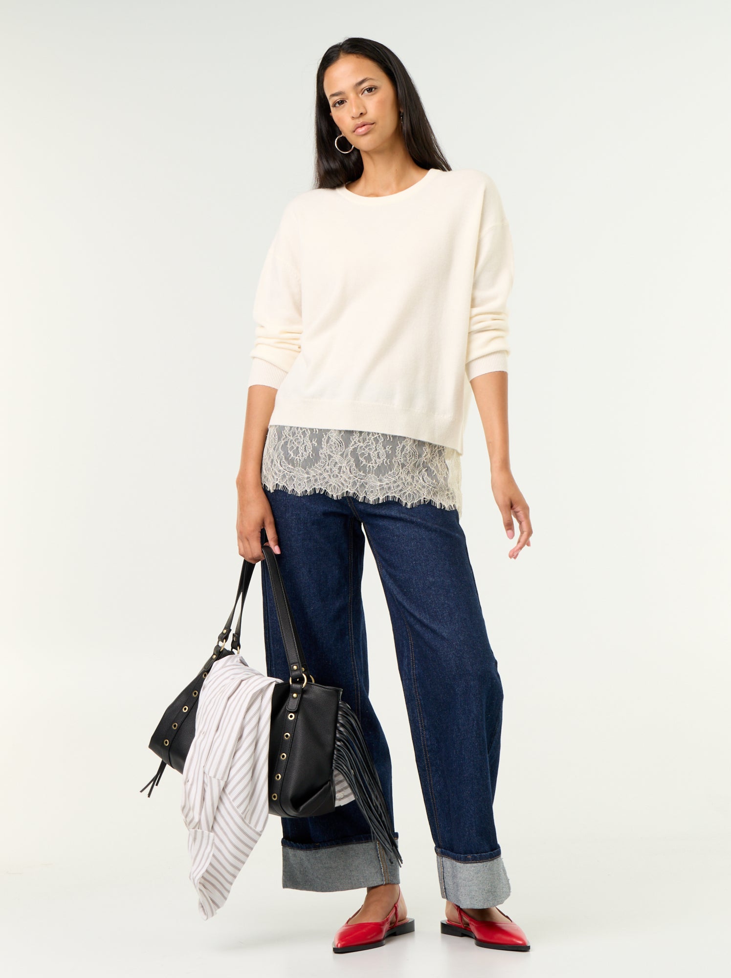 Pull avec empiècement en dentelle - Blanc