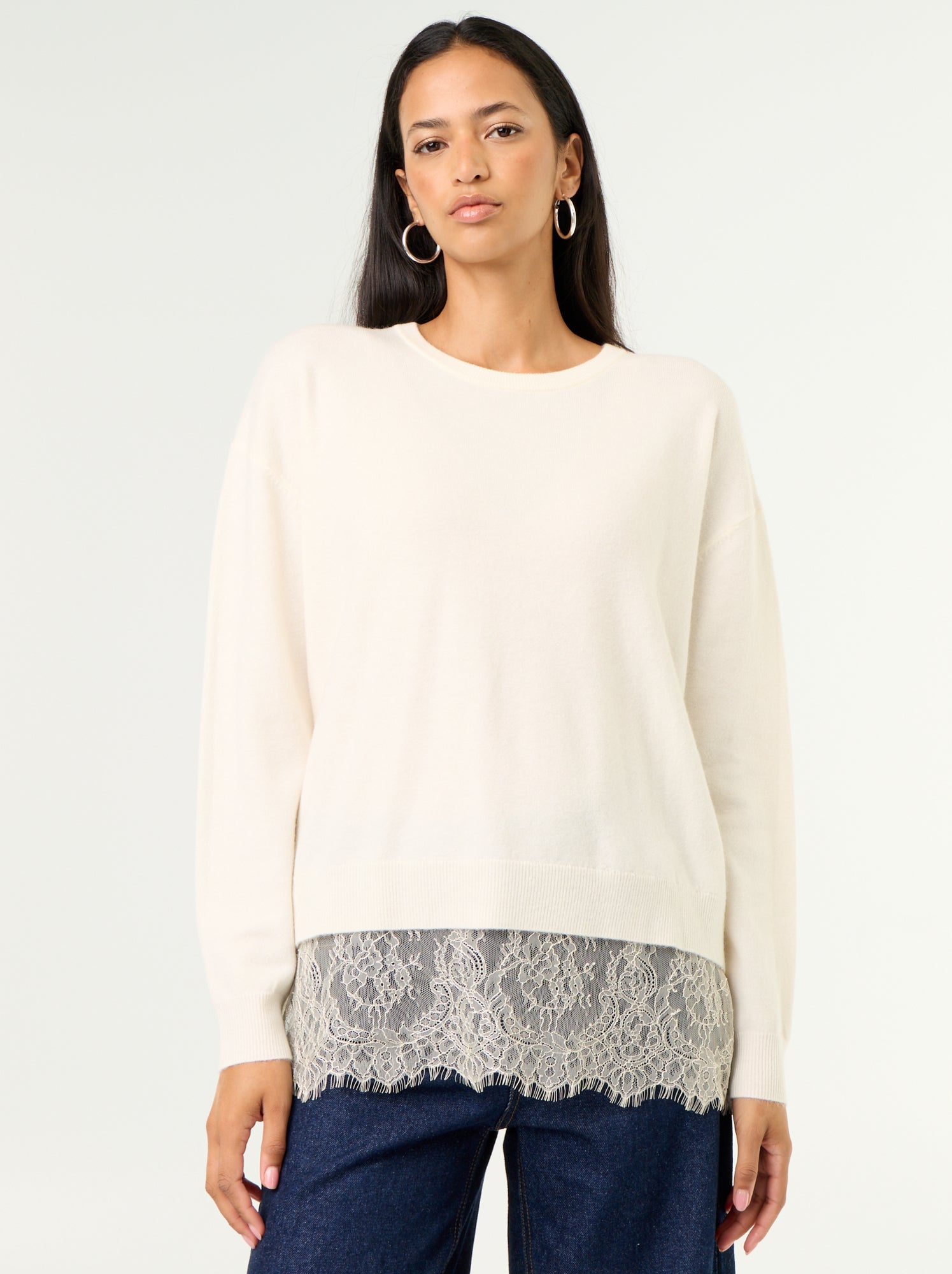 Pull avec empiècement en dentelle - Blanc
