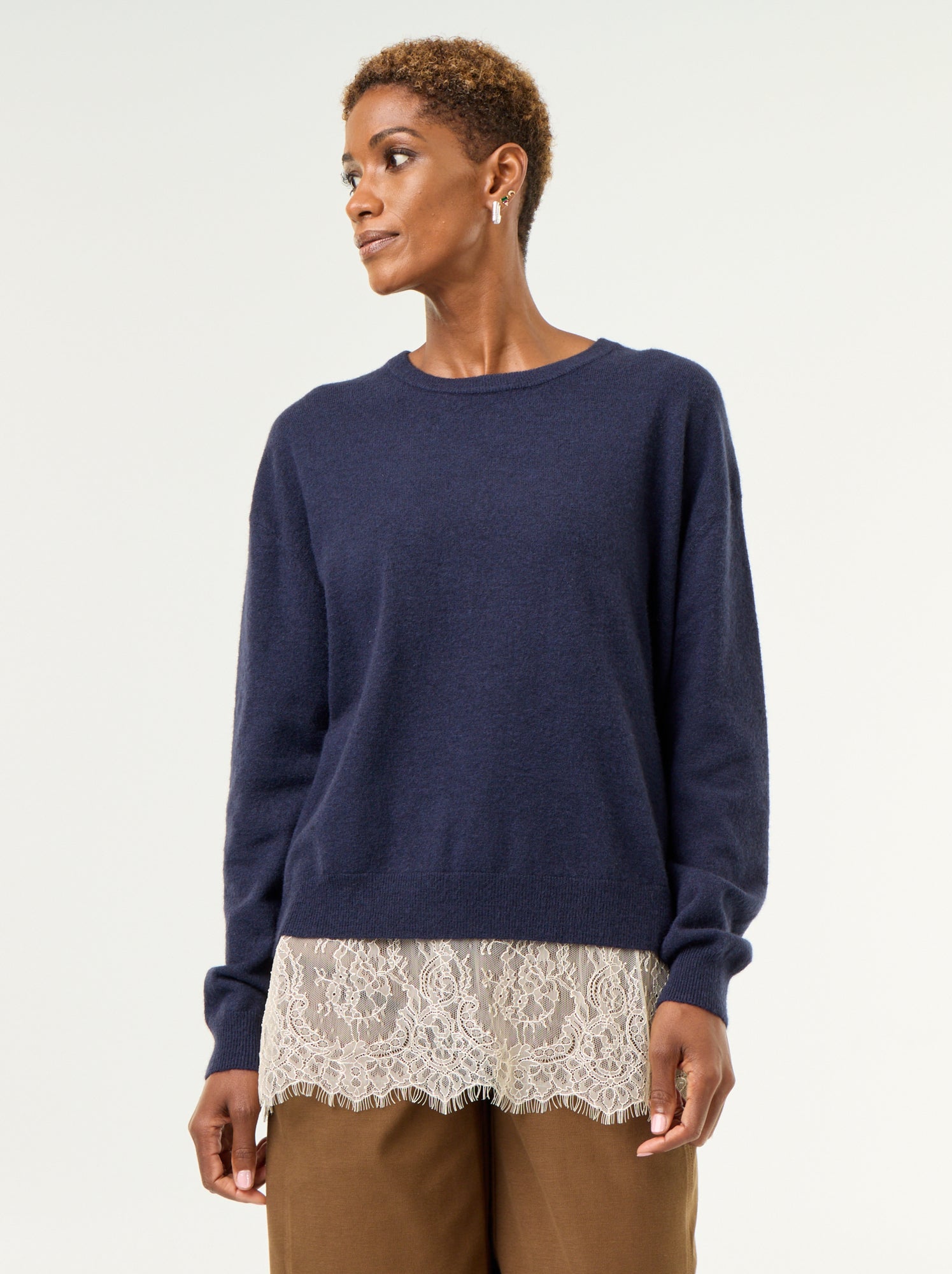 Pull avec empiècement en dentelle - Bleu