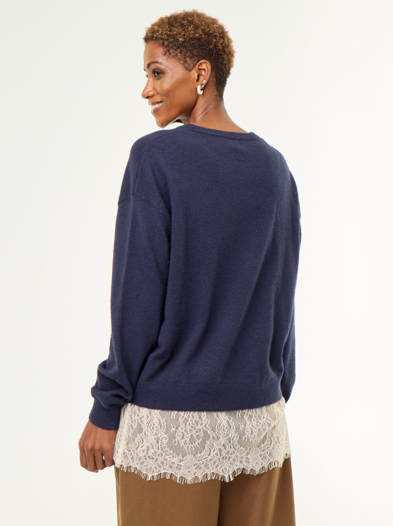 Pull avec empiècement en dentelle - Bleu