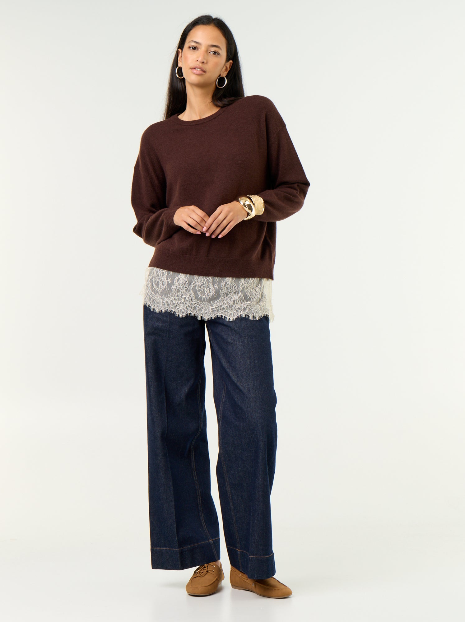 Pull avec empiècement en dentelle - Marron