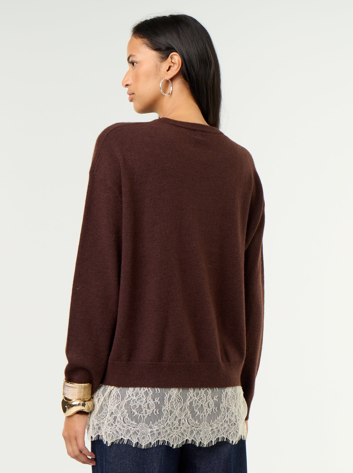 Pull avec empiècement en dentelle - Marron