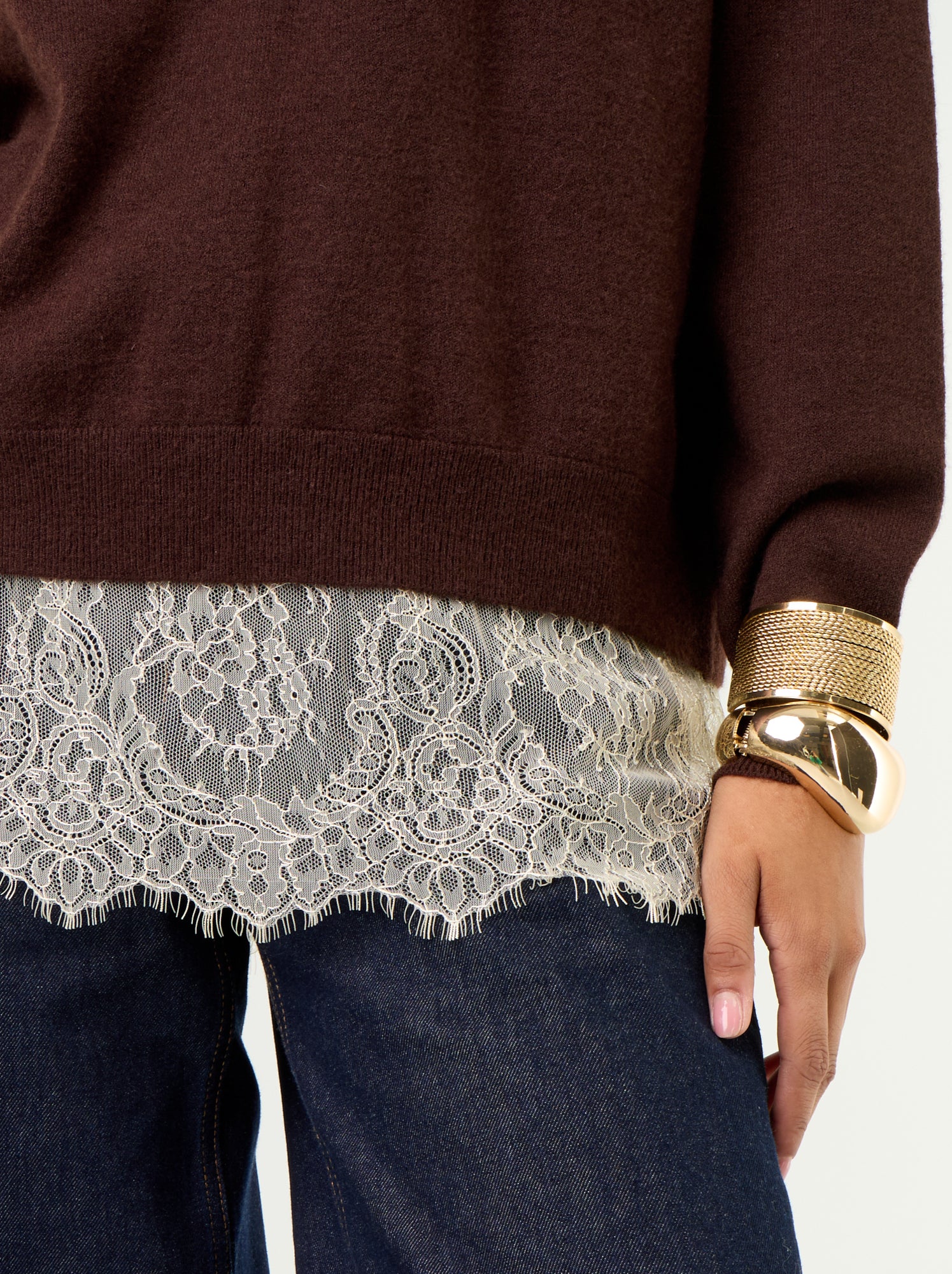 Pull avec empiècement en dentelle - Marron