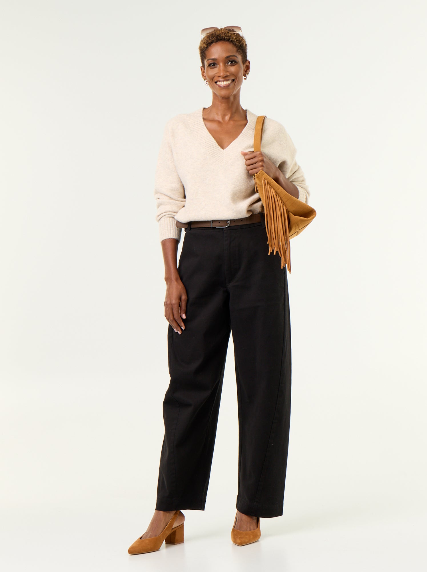 Pull avec grand col en V en maille côtelée - Beige