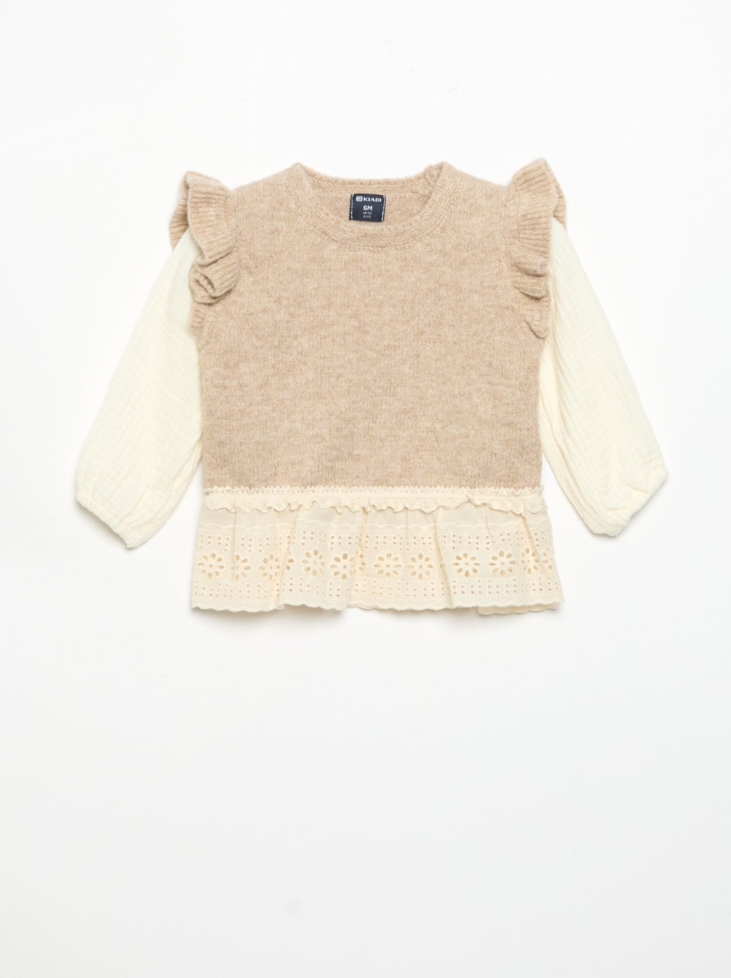 Pull avec manches en voile de coton et base brodée - Beige