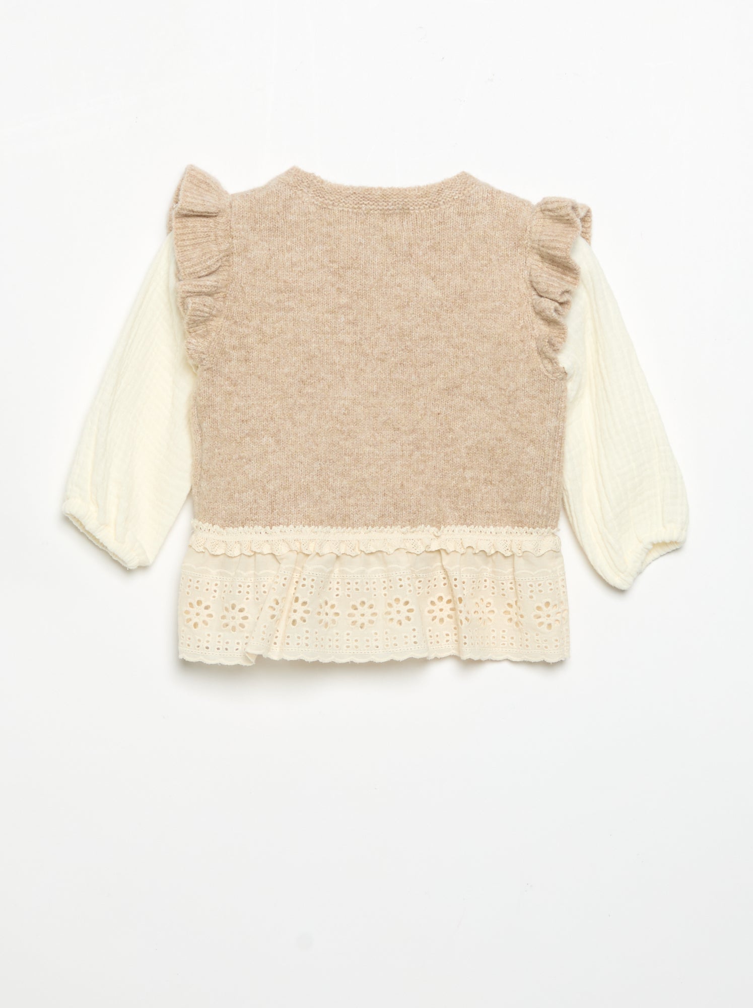 Pull avec manches en voile de coton et base brodée - Beige