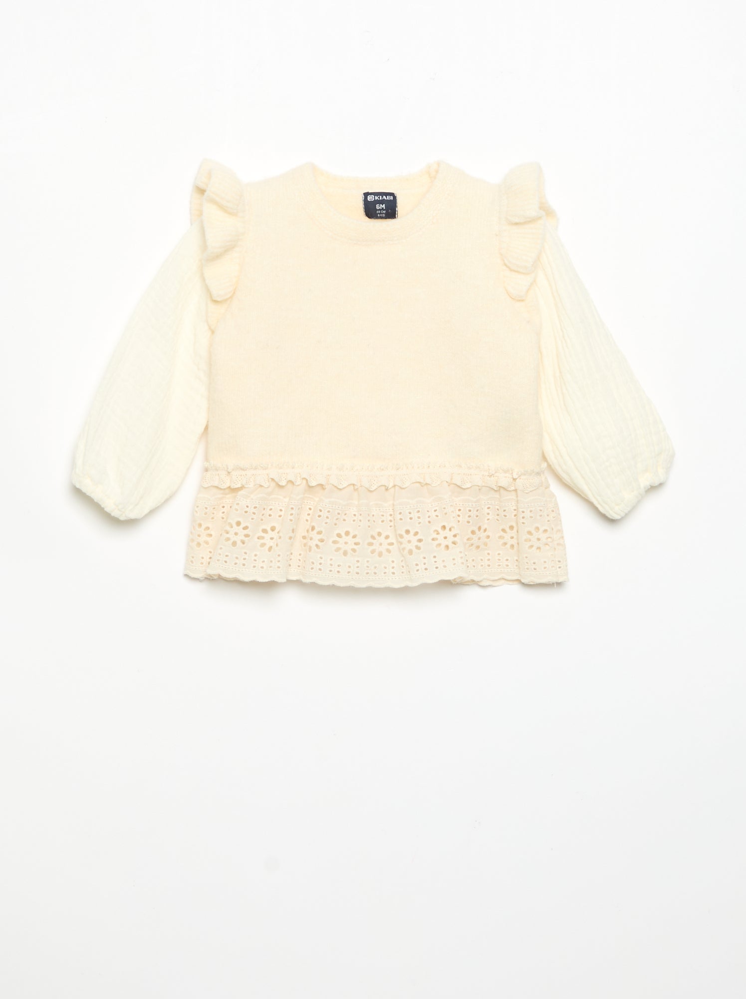 Pull avec manches en voile de coton et base brodée - Blanc