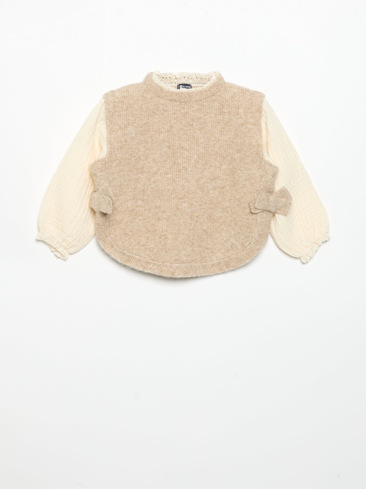 Pull avec nœuds et manches en voile de coton - Beige