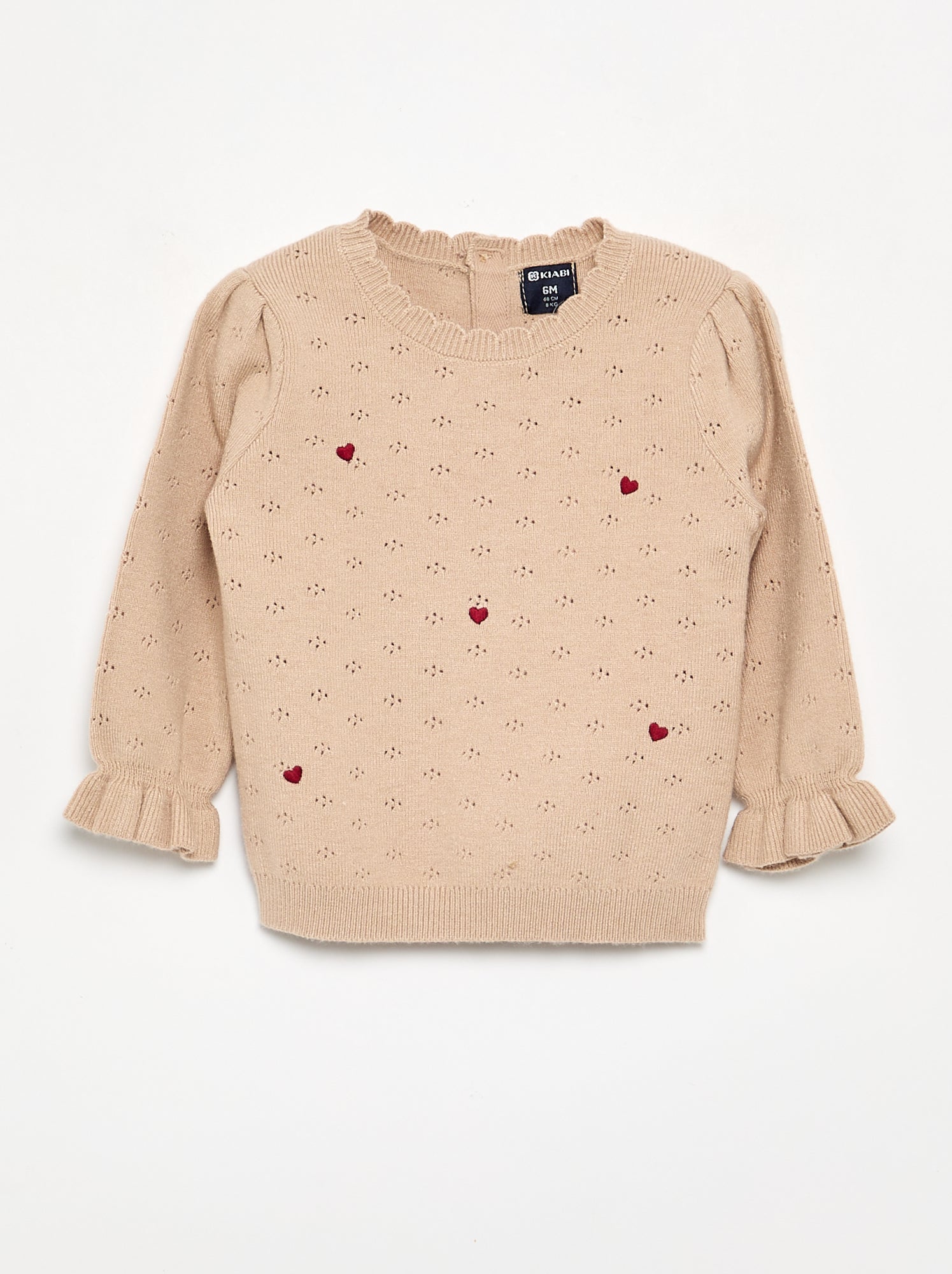 Pull brodé en maille pointelle - Beige