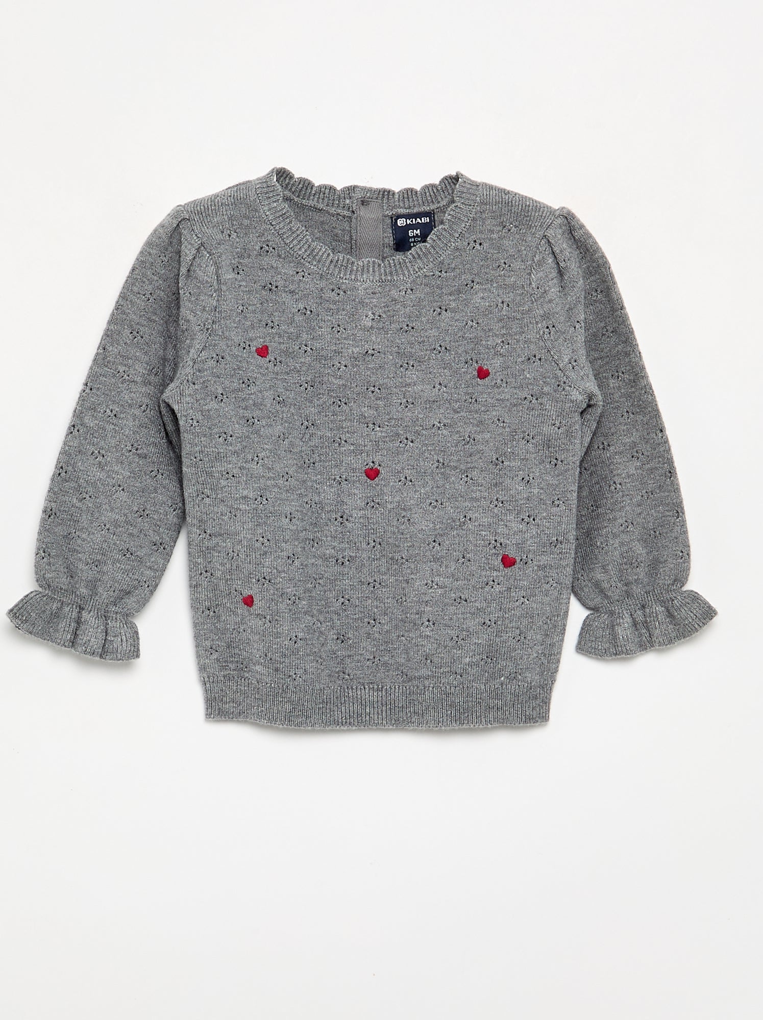 Pull brodé en maille pointelle - Gris