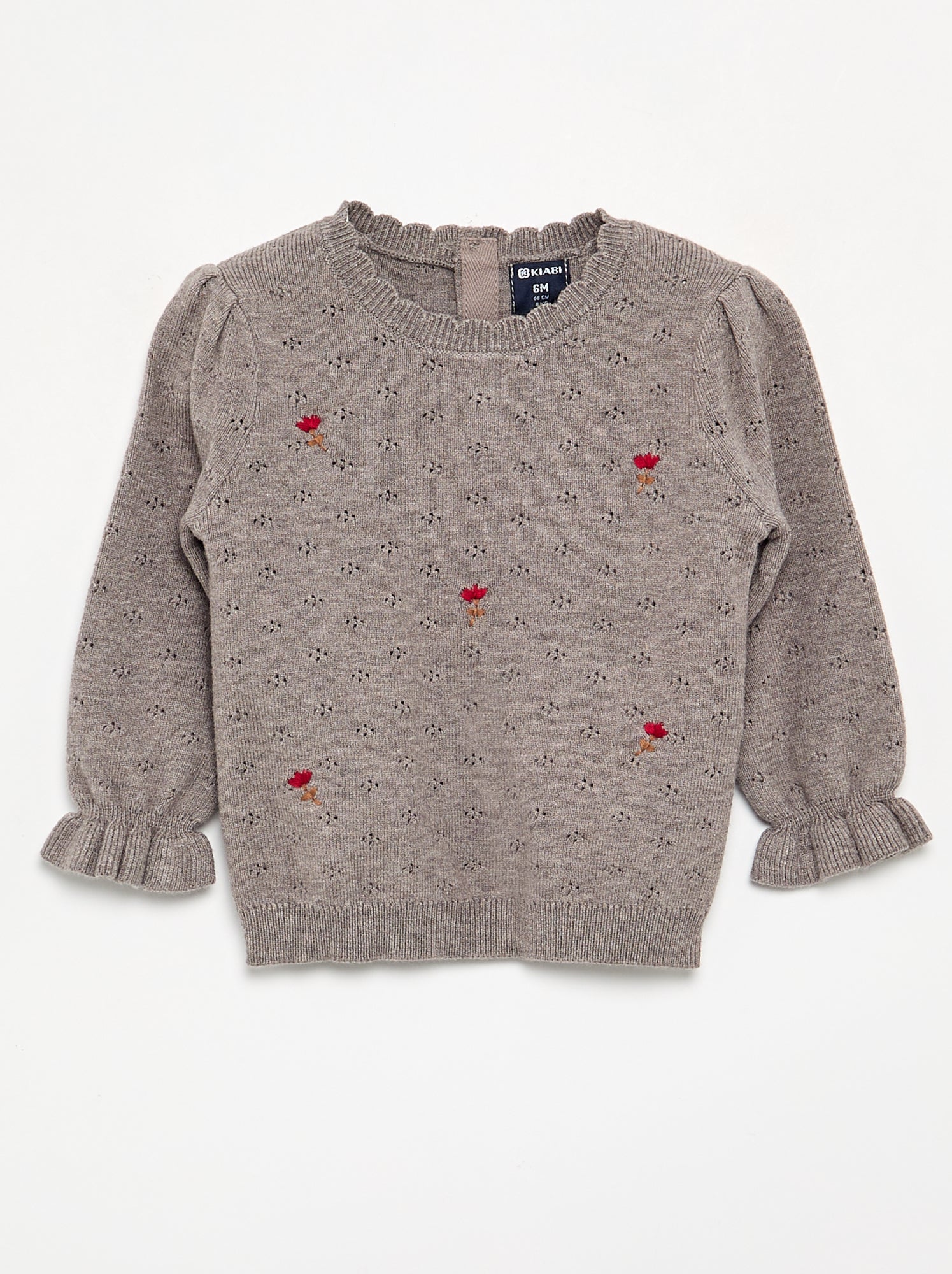 Pull brodé en maille pointelle - Marron