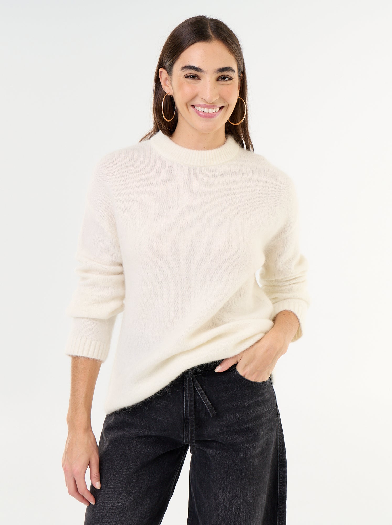 Pull chaud en mohair à col rond - Beige