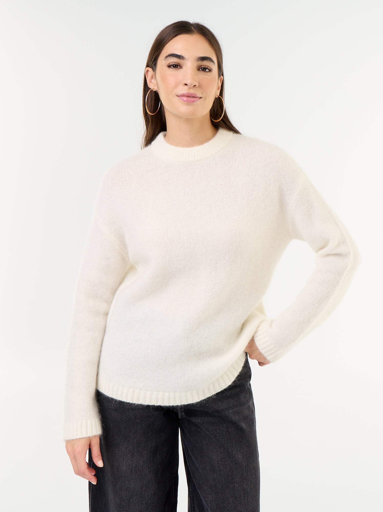 Pull chaud en mohair à col rond - Beige