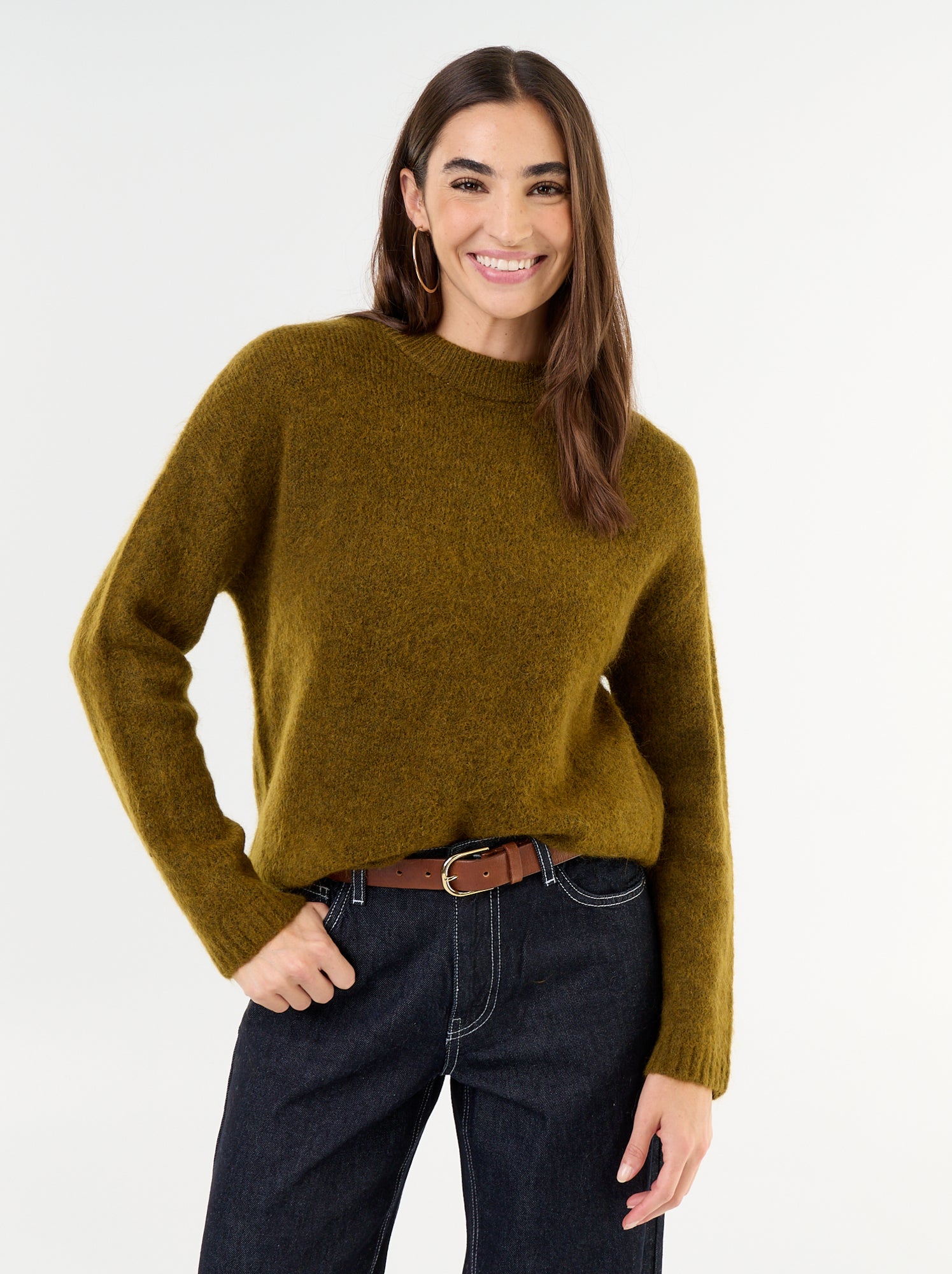 Pull chaud en mohair à col rond - Kaki