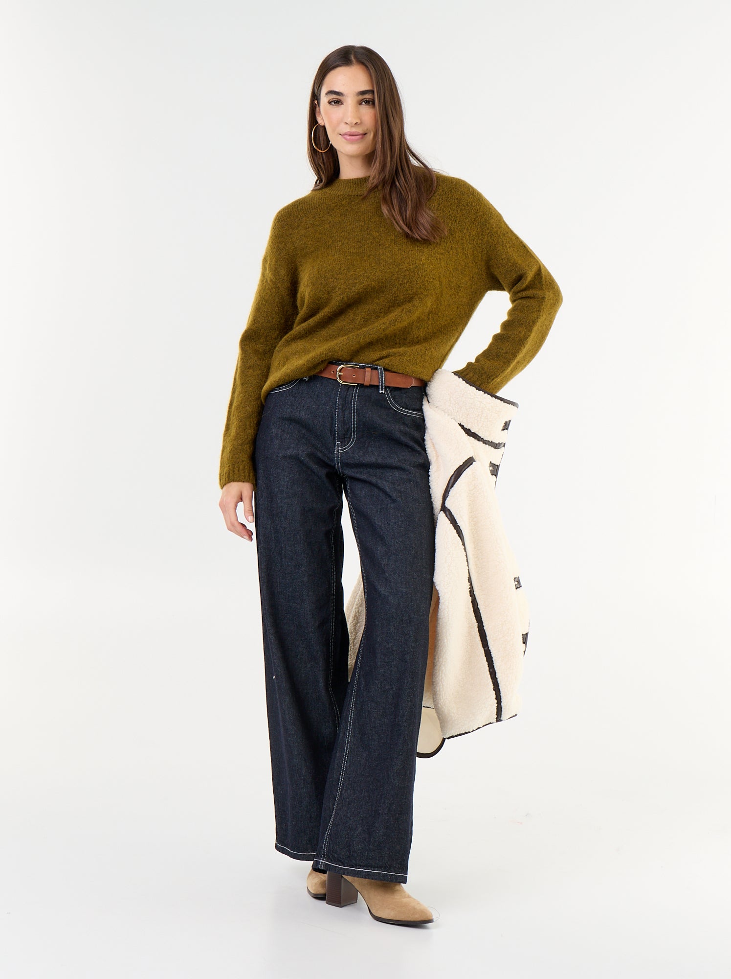 Pull chaud en mohair à col rond - Kaki