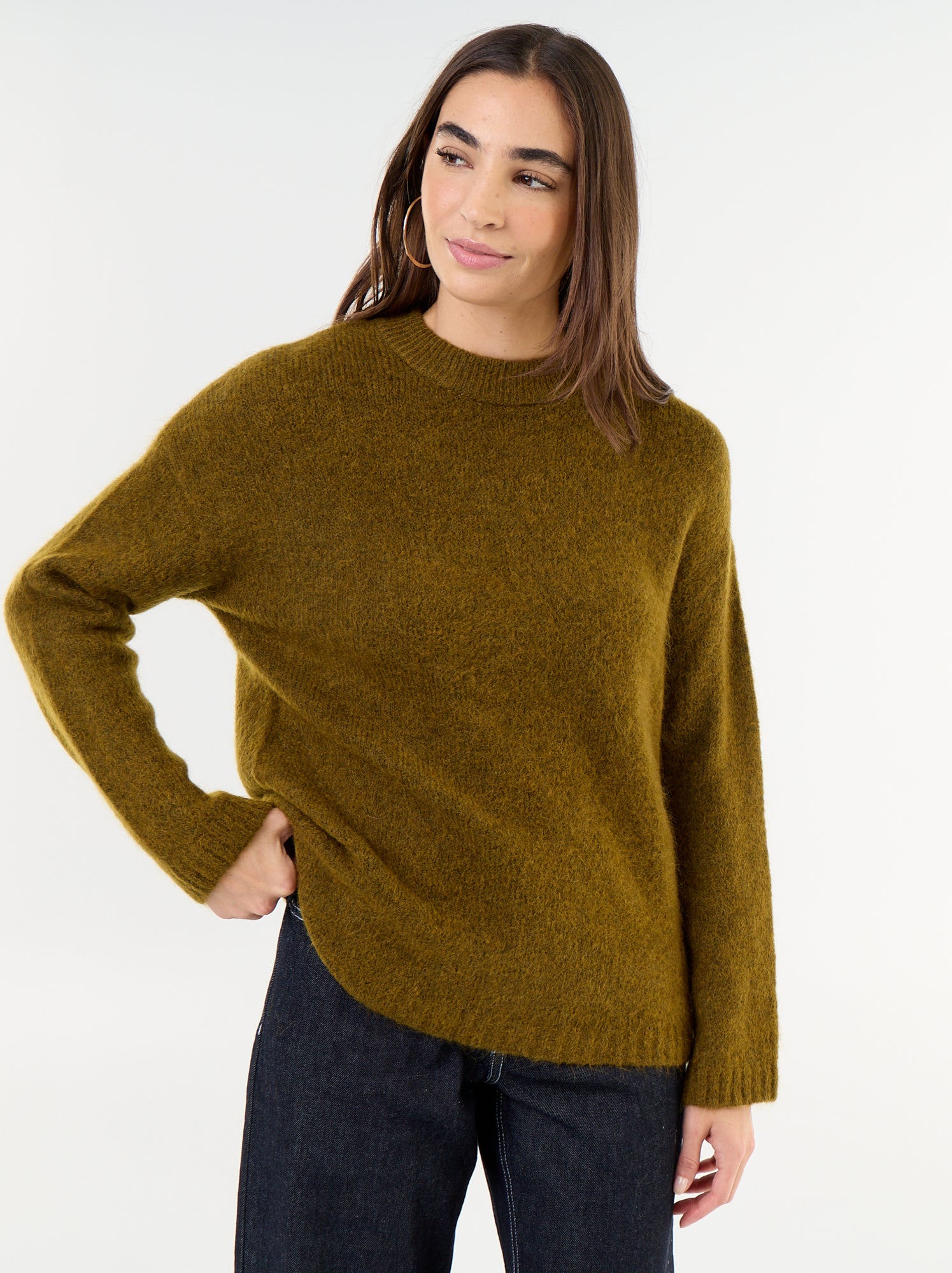 Pull chaud en mohair à col rond - Kaki