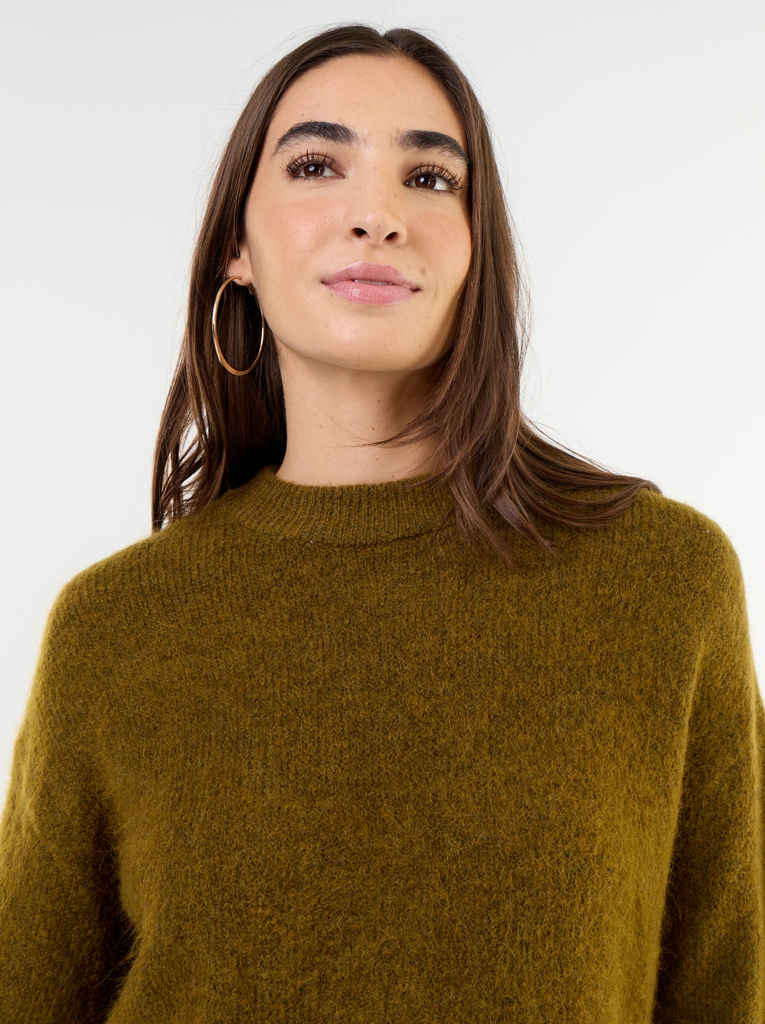Pull chaud en mohair à col rond - Kaki