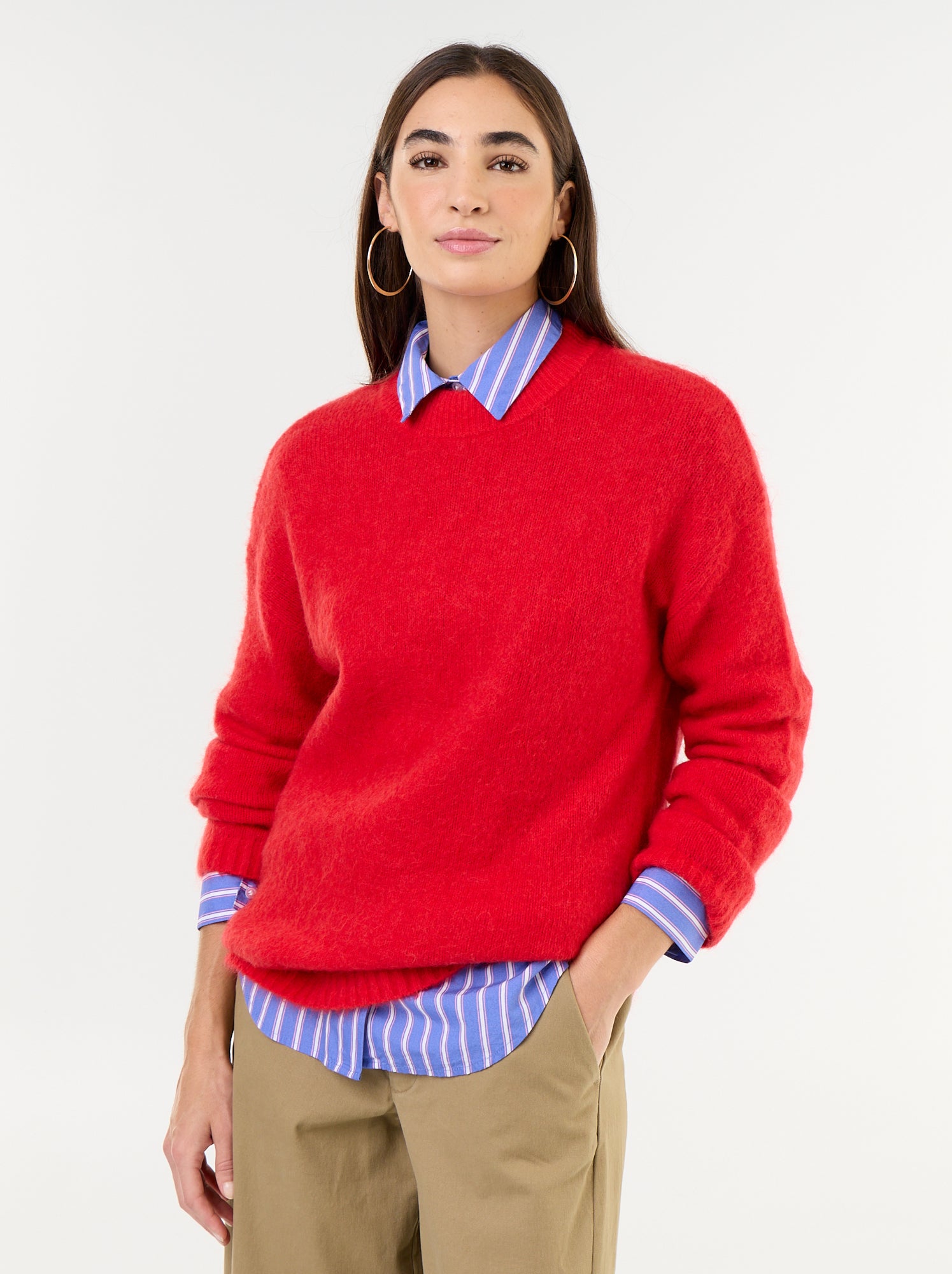 Pull chaud en mohair à col rond - Rouge