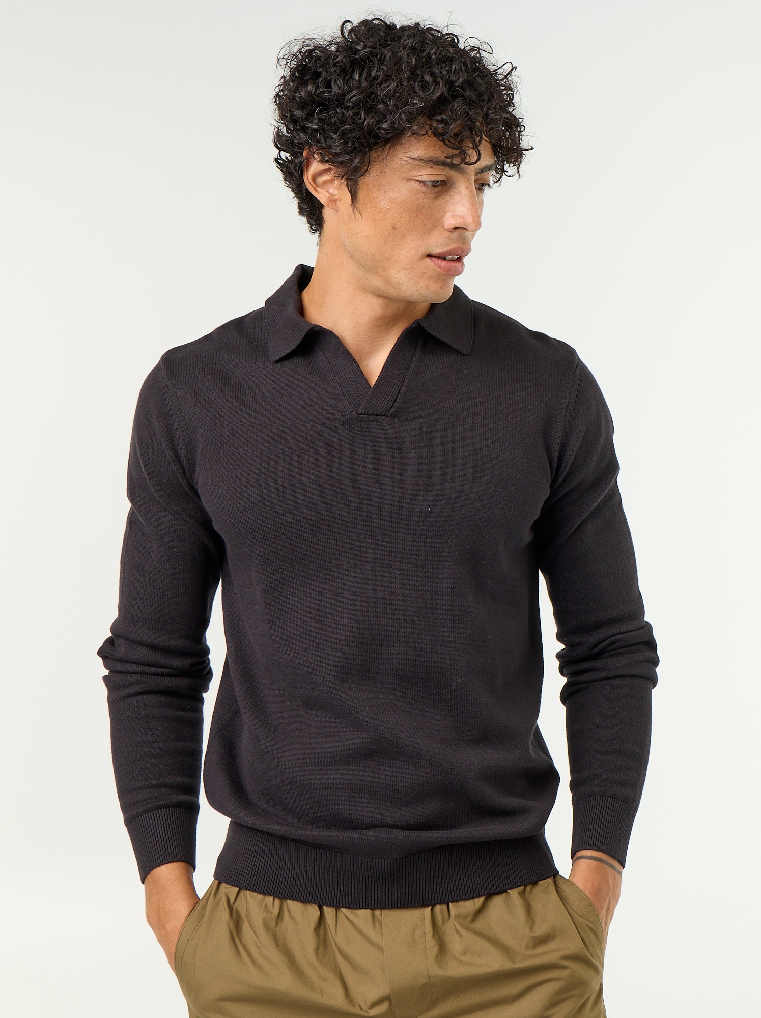 Pull col polo à manches longues - Noir