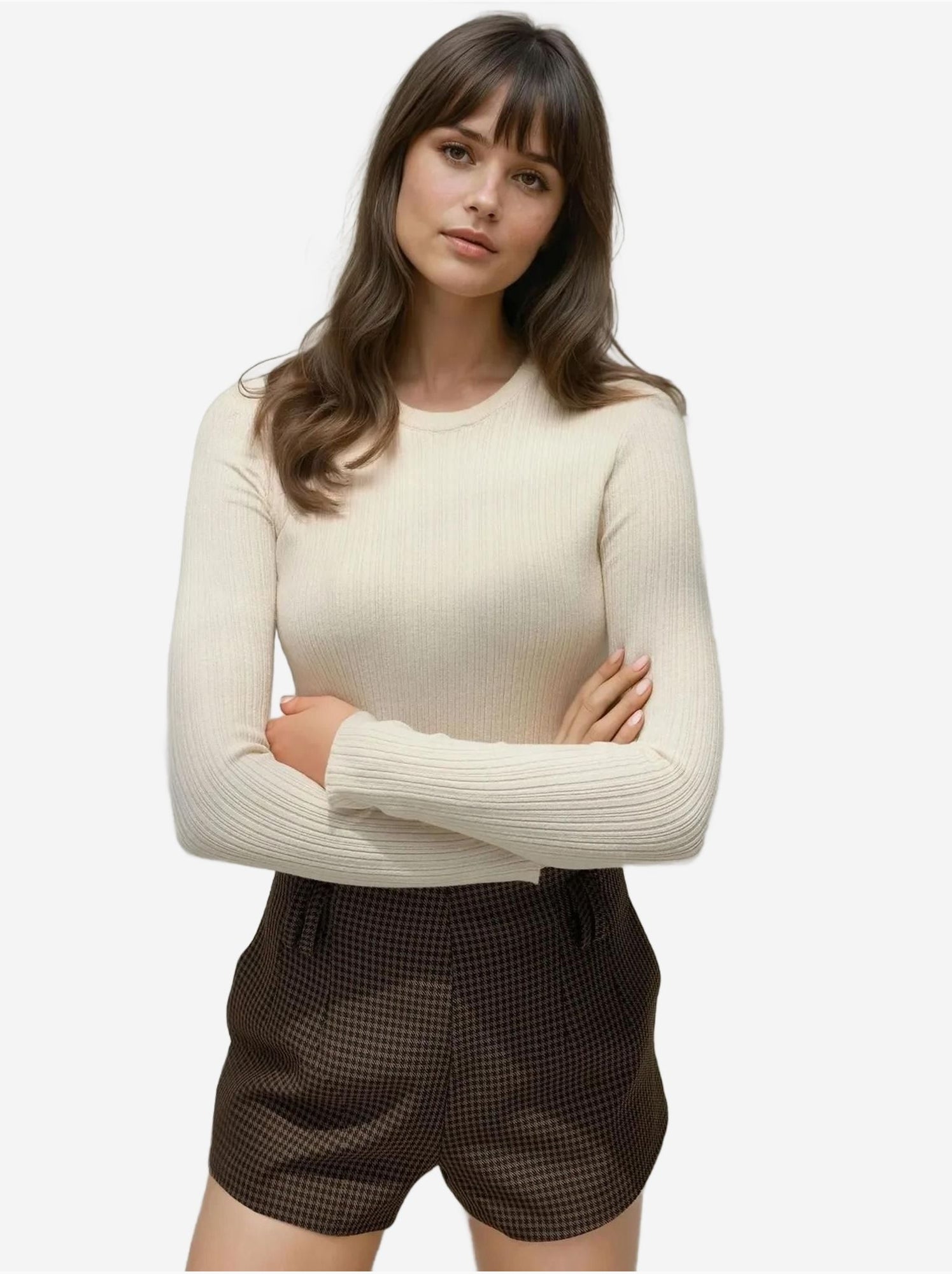 Pull col rond en maille ajustée - Blanc