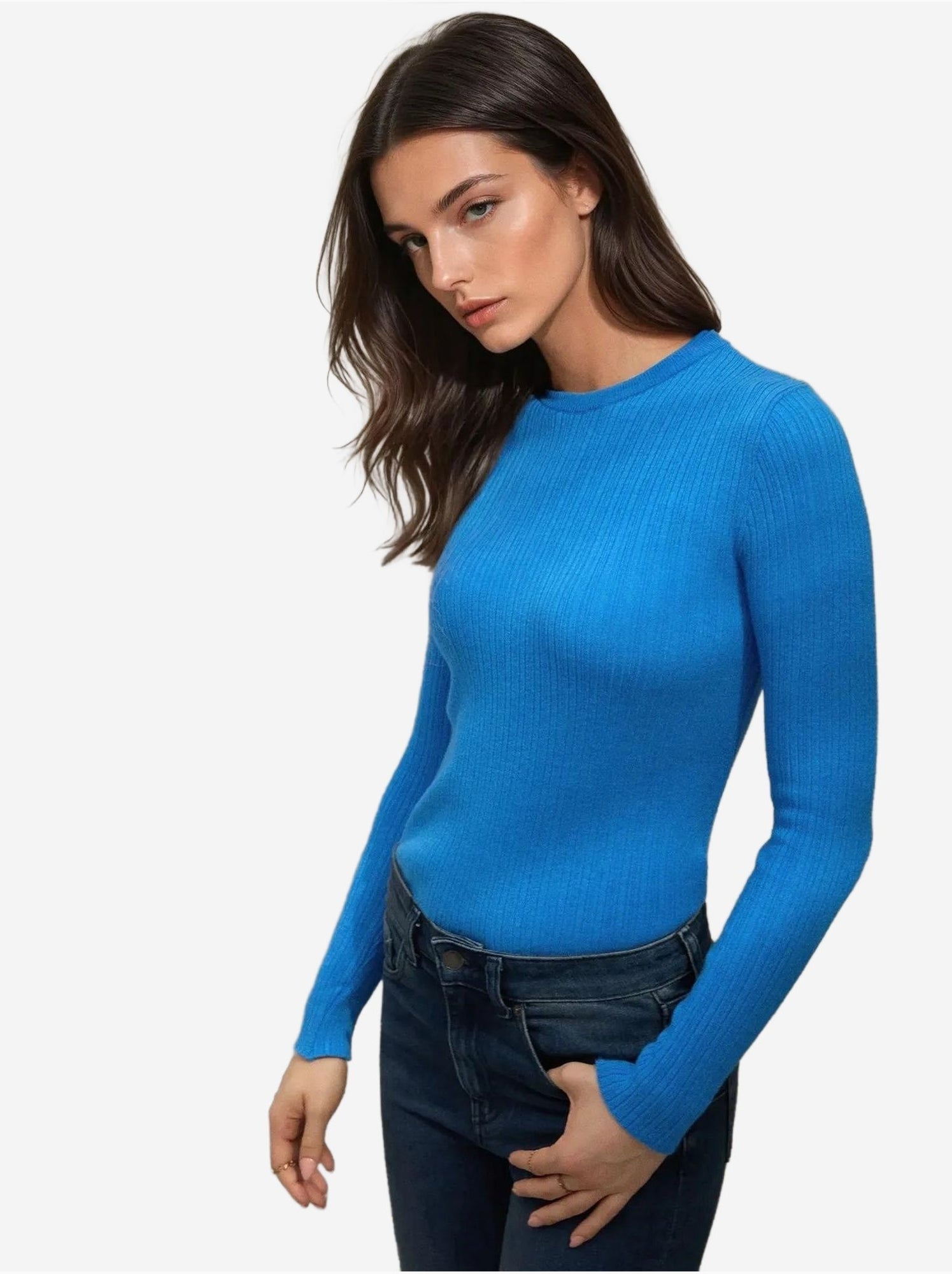 Pull col rond en maille ajustée - Bleu clair