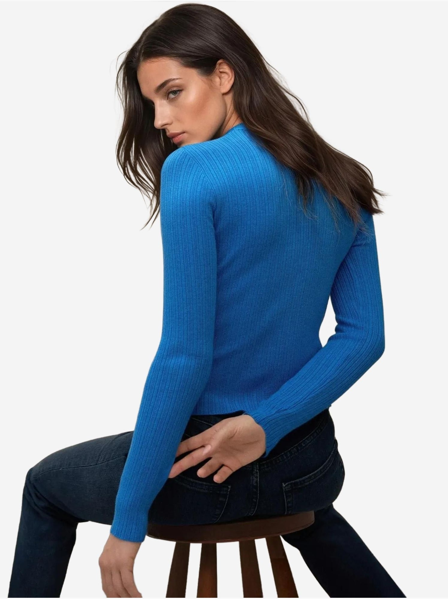 Pull col rond en maille ajustée - Bleu clair