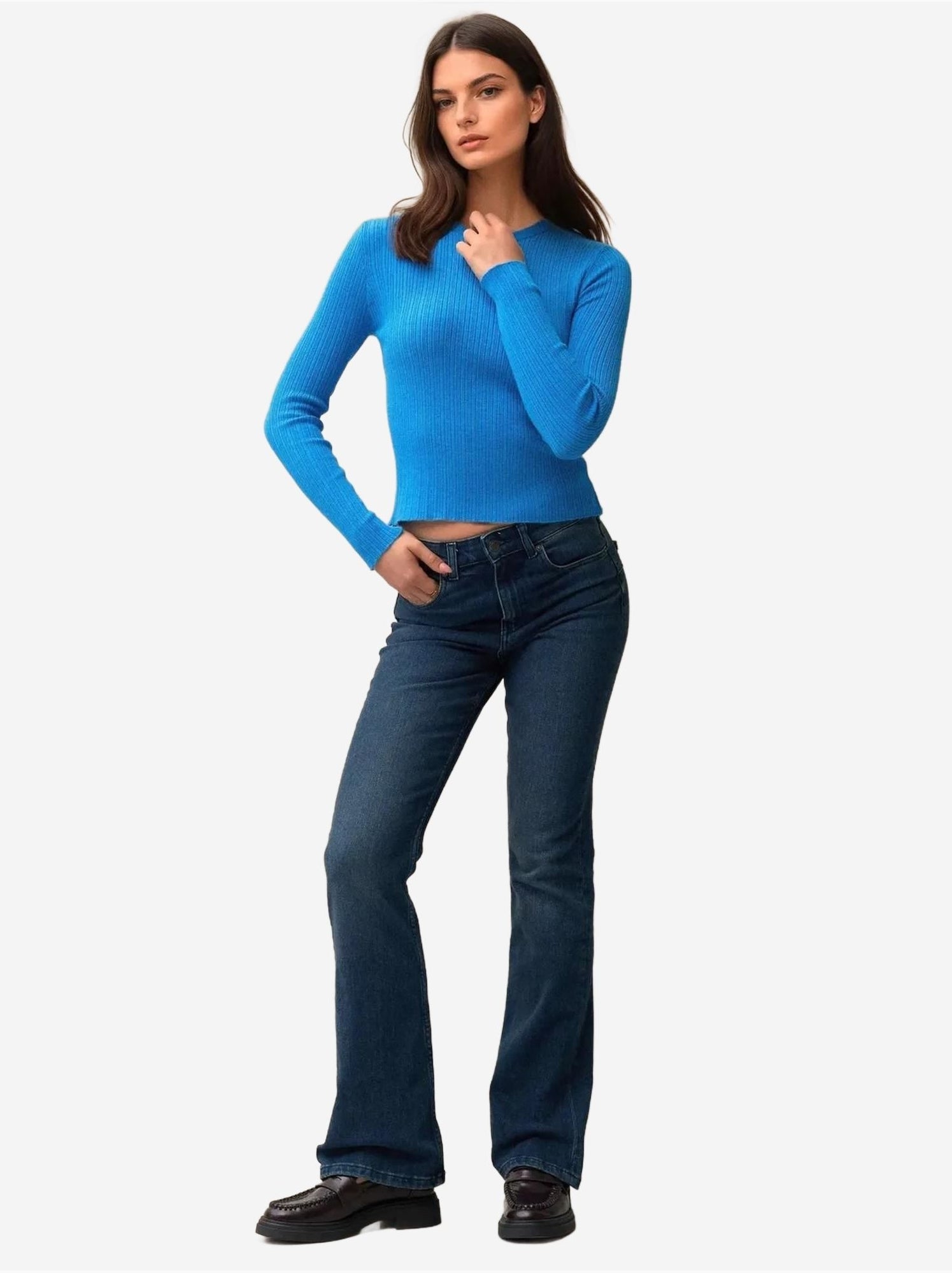 Pull col rond en maille ajustée - Bleu clair