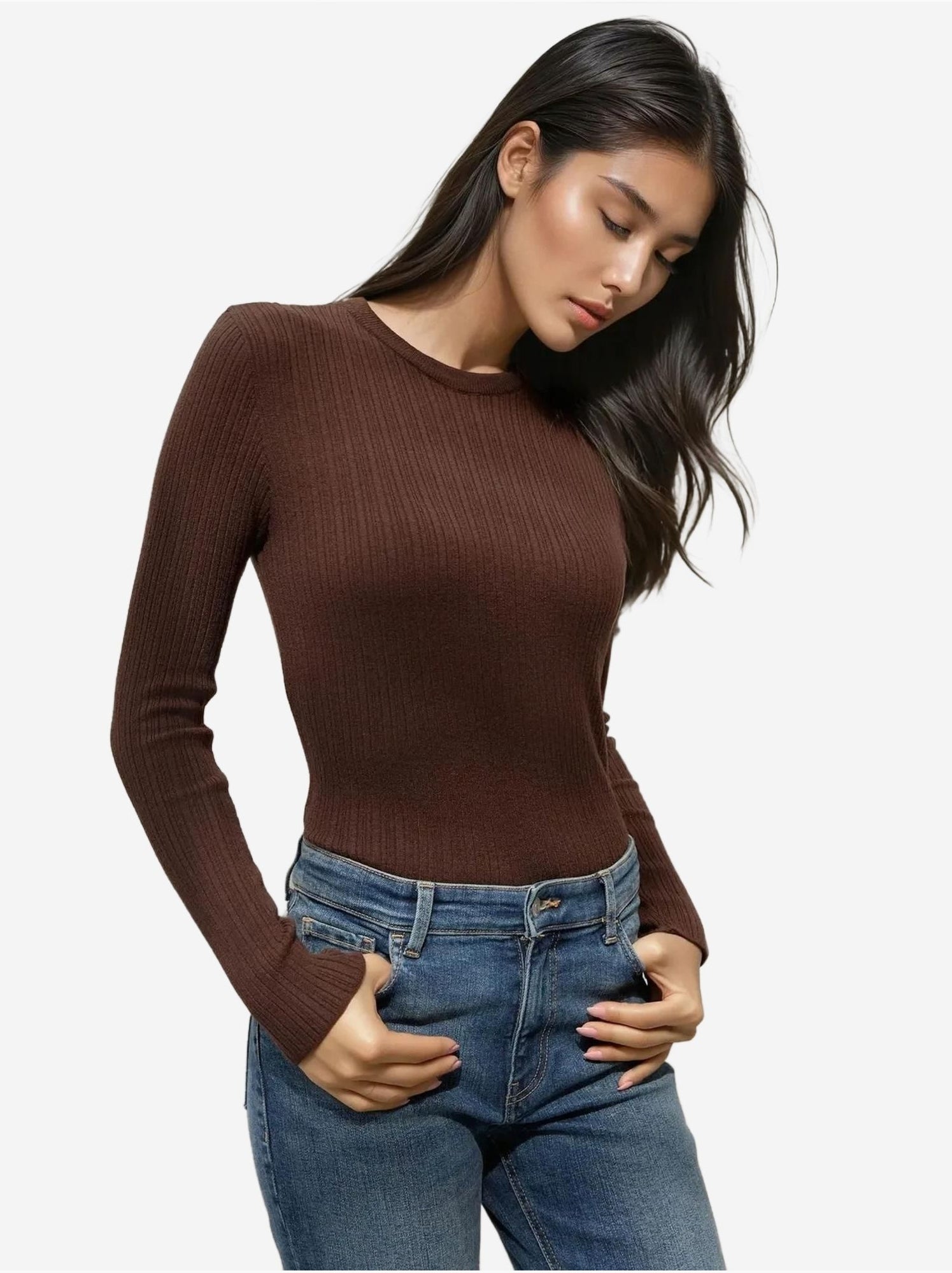 Pull col rond en maille ajustée - Marron foncé