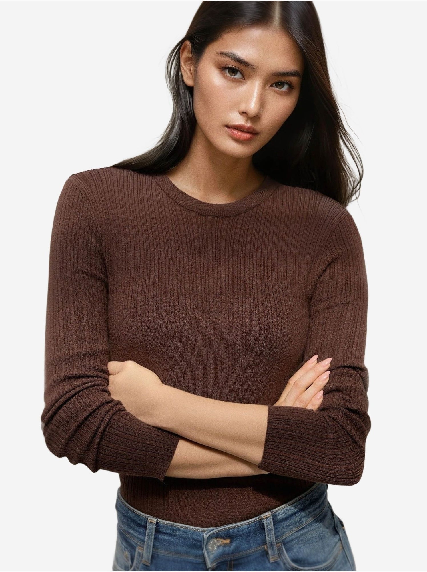 Pull col rond en maille ajustée - Marron foncé