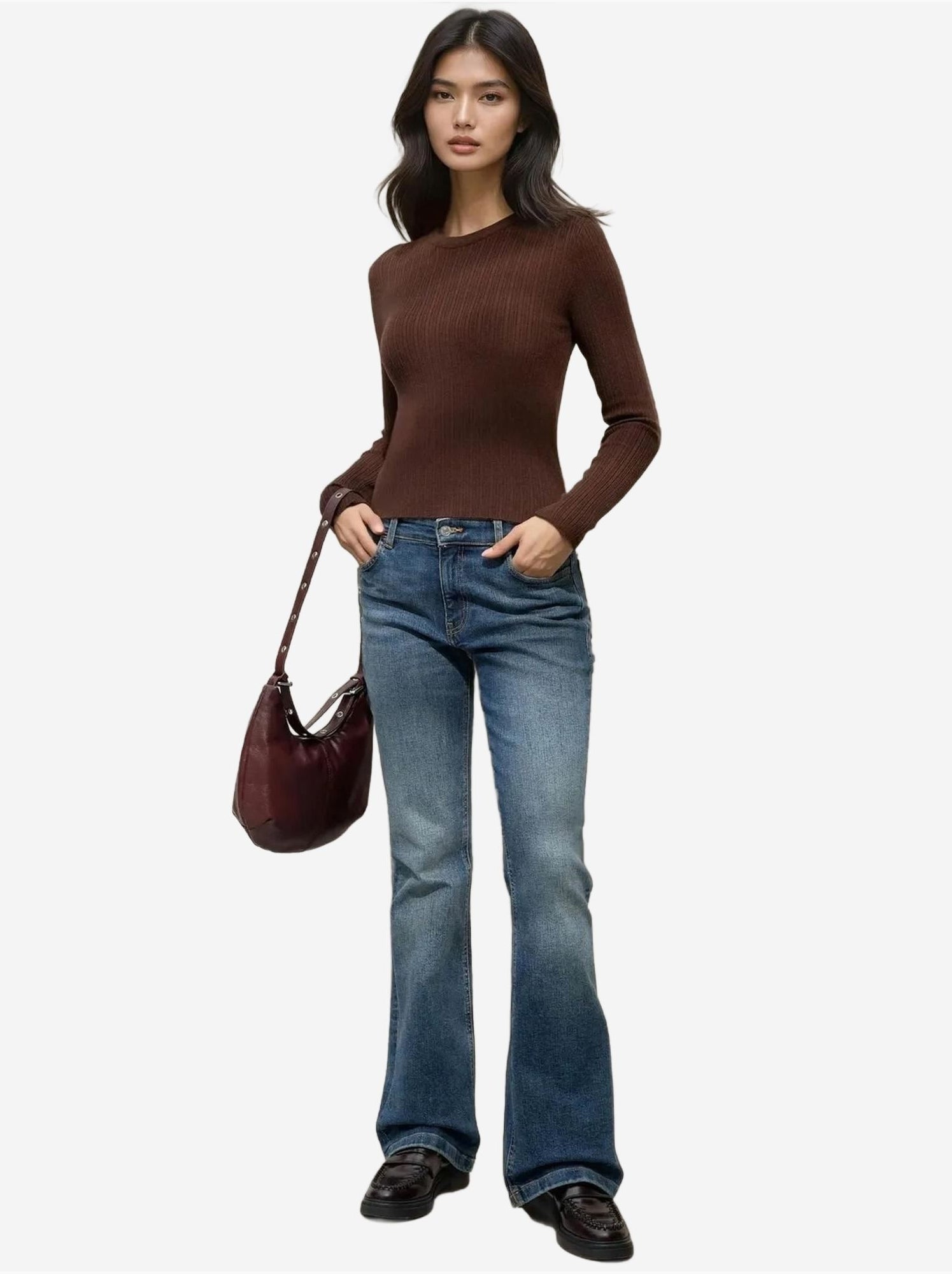 Pull col rond en maille ajustée - Marron foncé