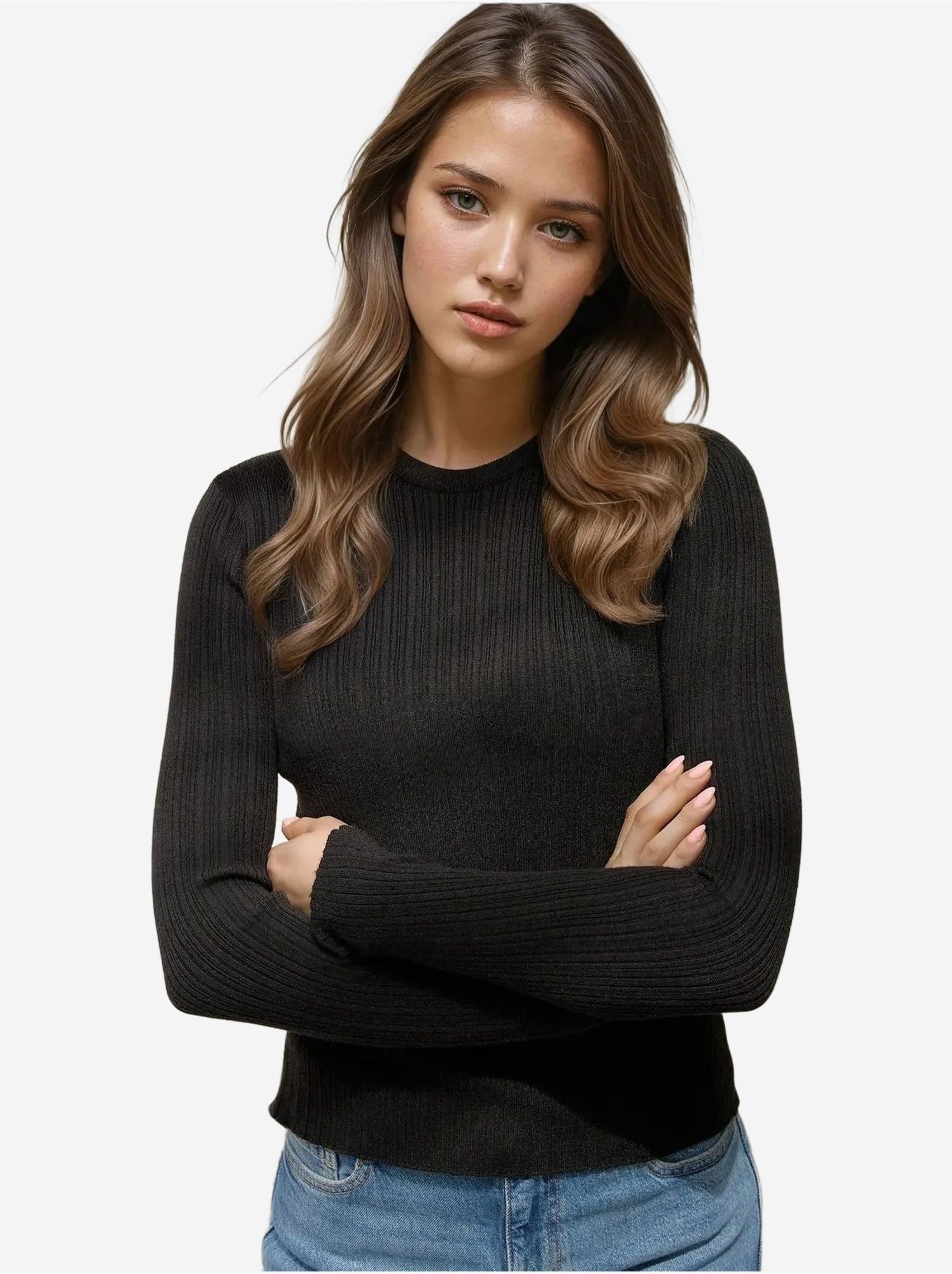 Pull col rond en maille ajustée - Noir