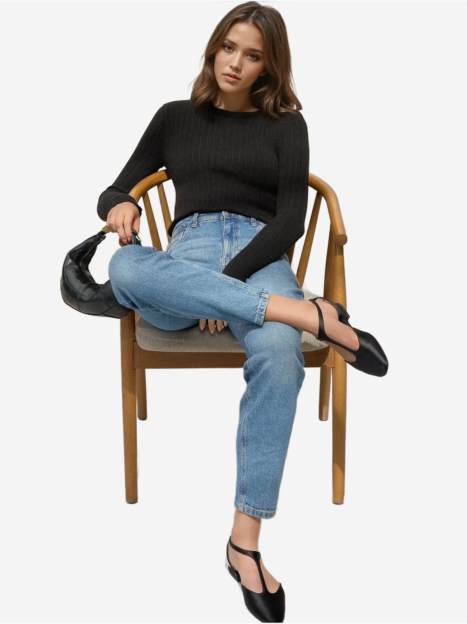 Pull col rond en maille ajustée - Noir