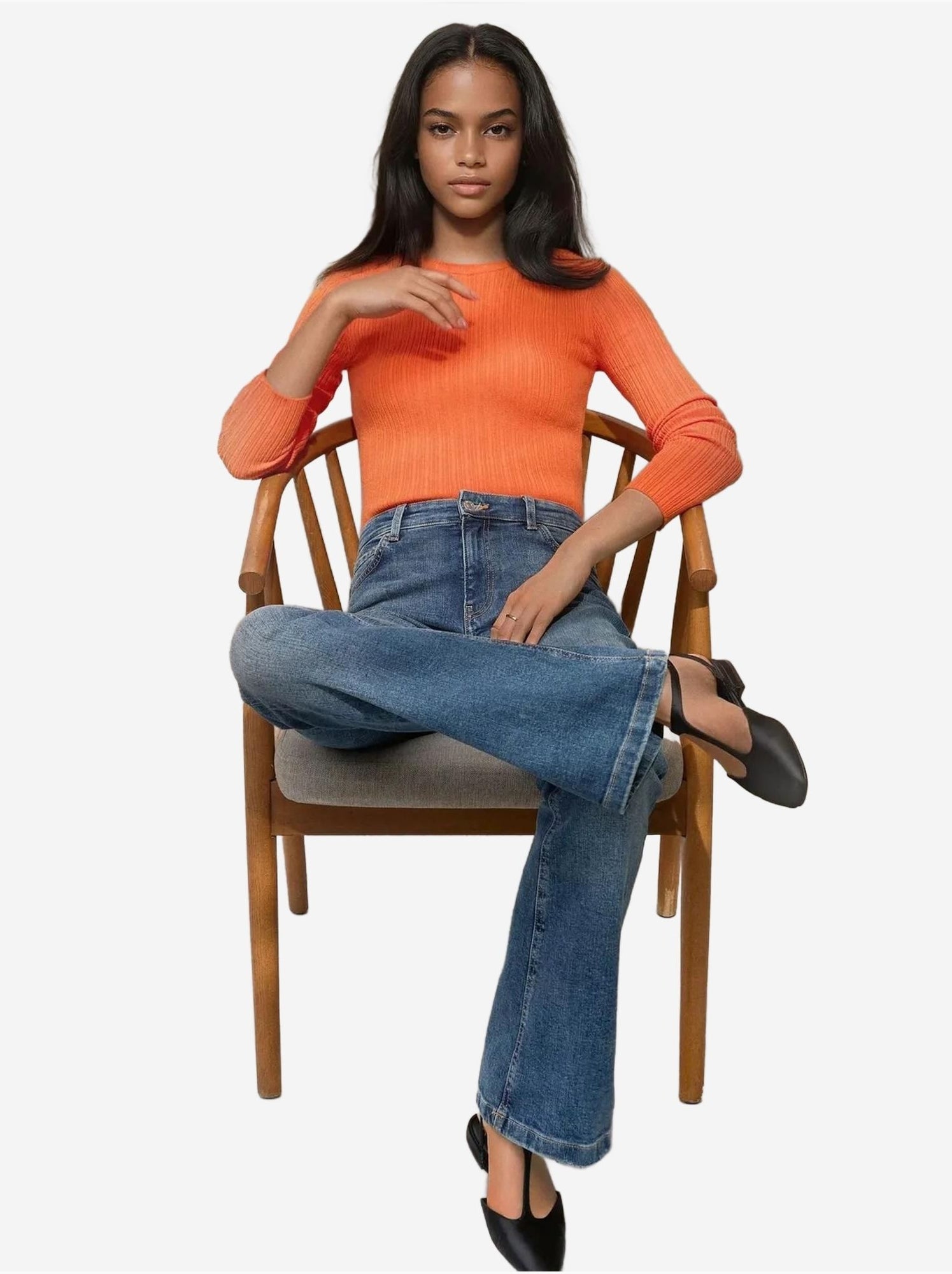 Pull col rond en maille ajustée - Orange mandarine