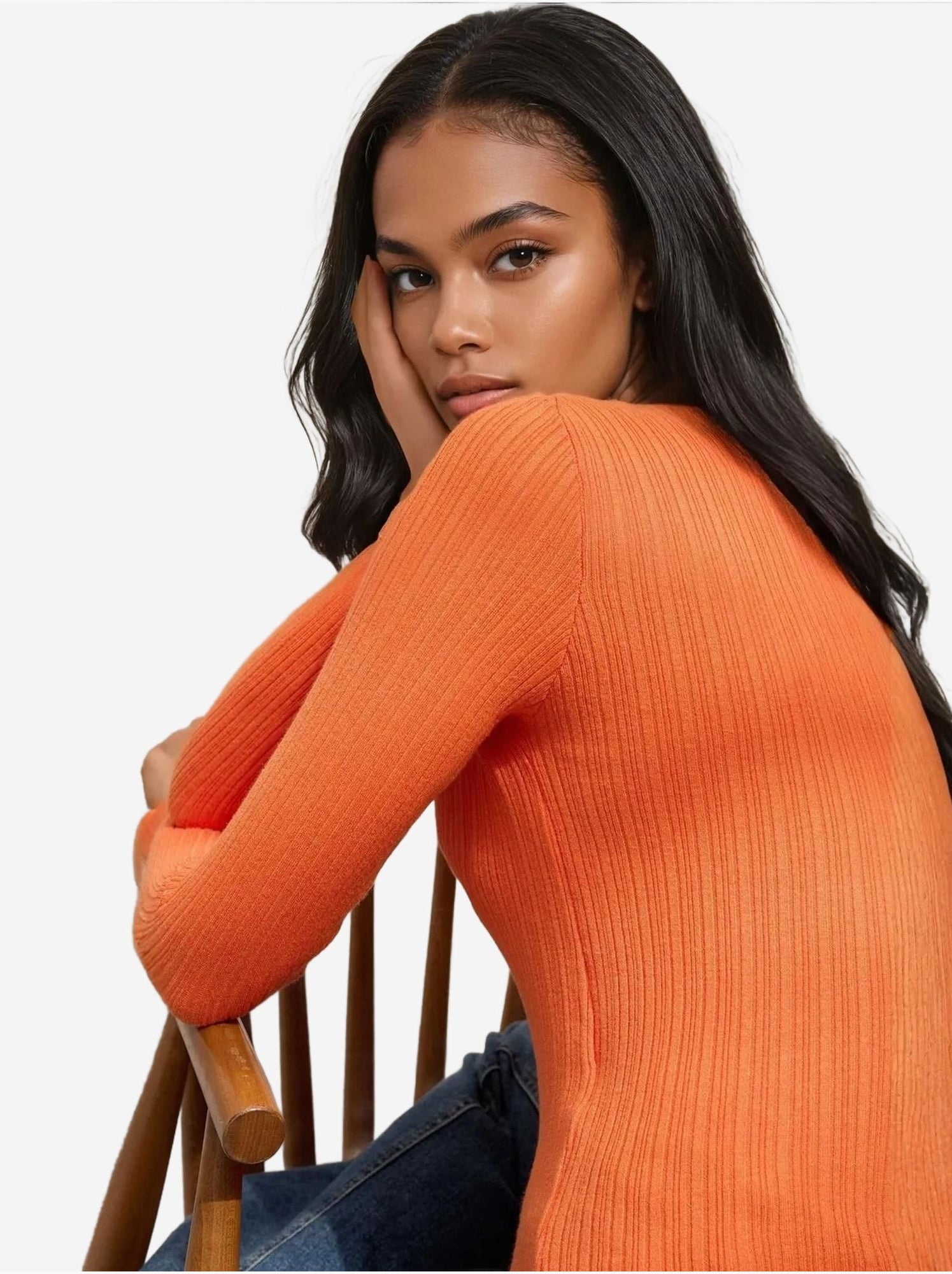 Pull col rond en maille ajustée - Orange mandarine