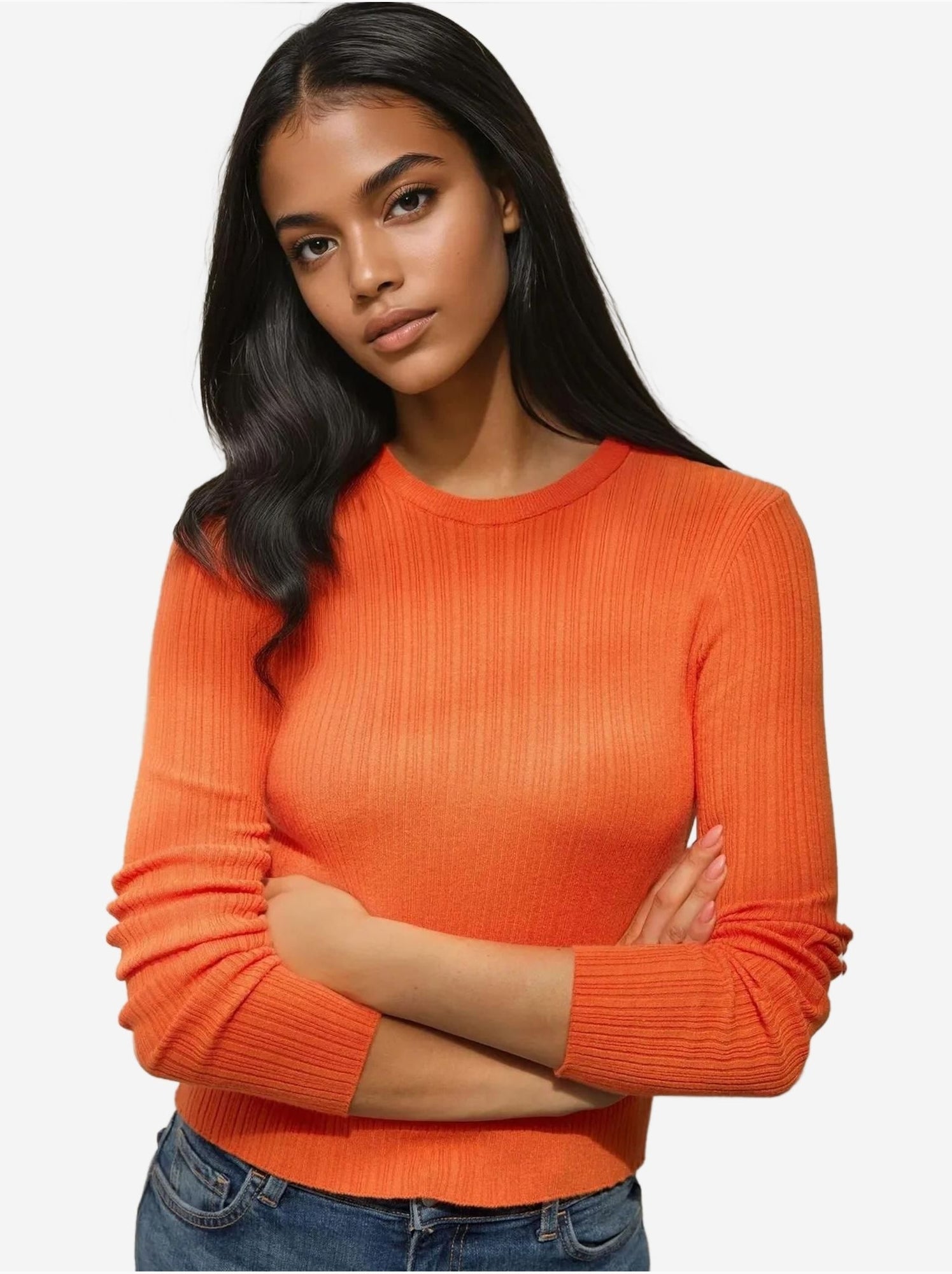 Pull col rond en maille ajustée - Orange mandarine