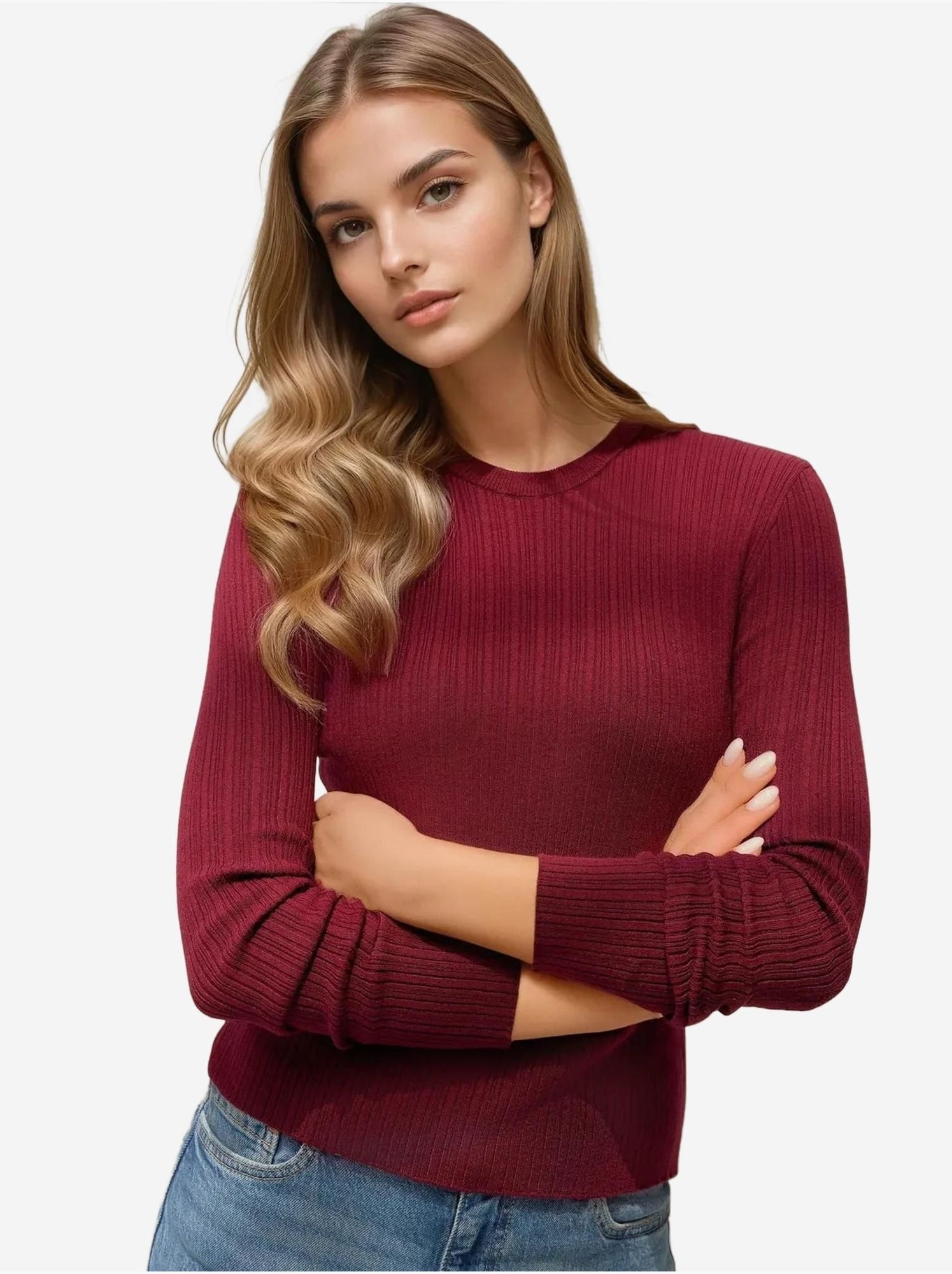 Pull col rond en maille ajustée - Rouge bordeaux