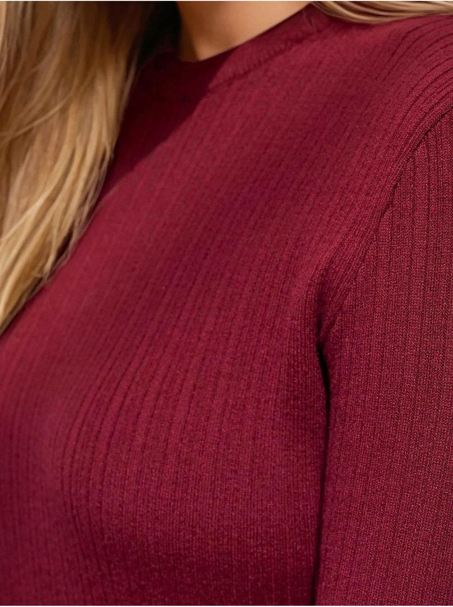 Pull col rond en maille ajustée - Rouge bordeaux
