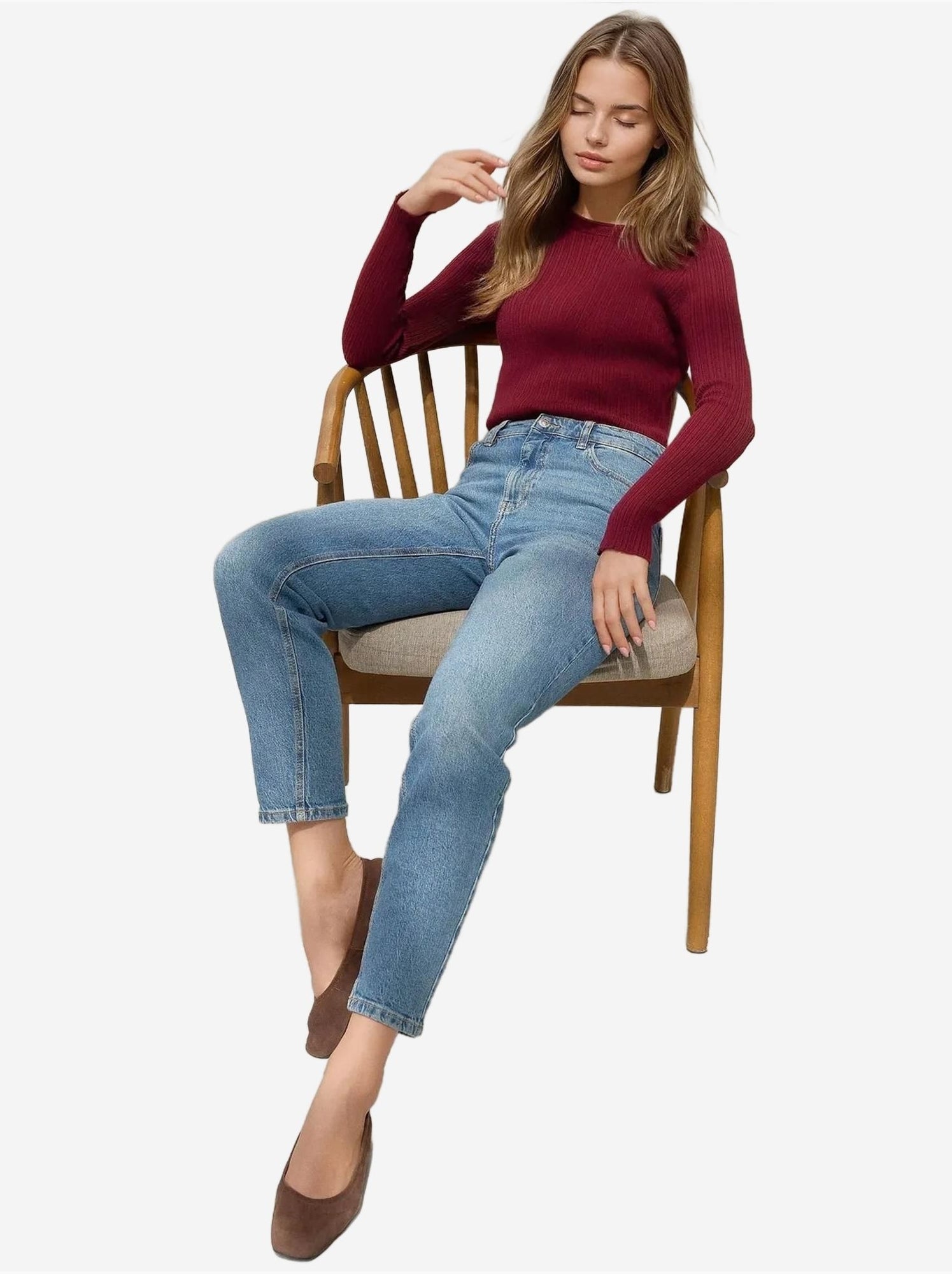 Pull col rond en maille ajustée - Rouge bordeaux
