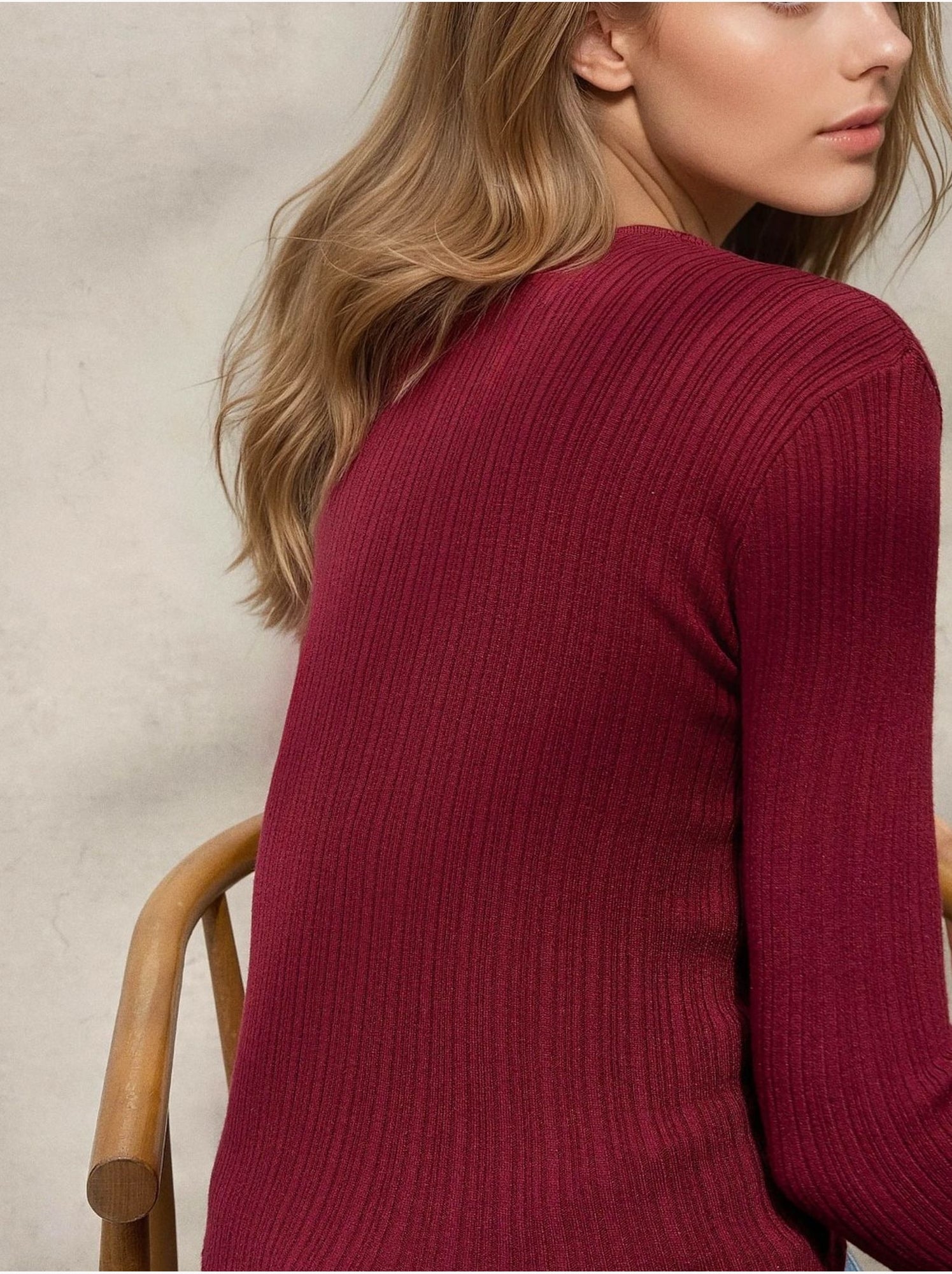 Pull col rond en maille ajustée - Rouge bordeaux