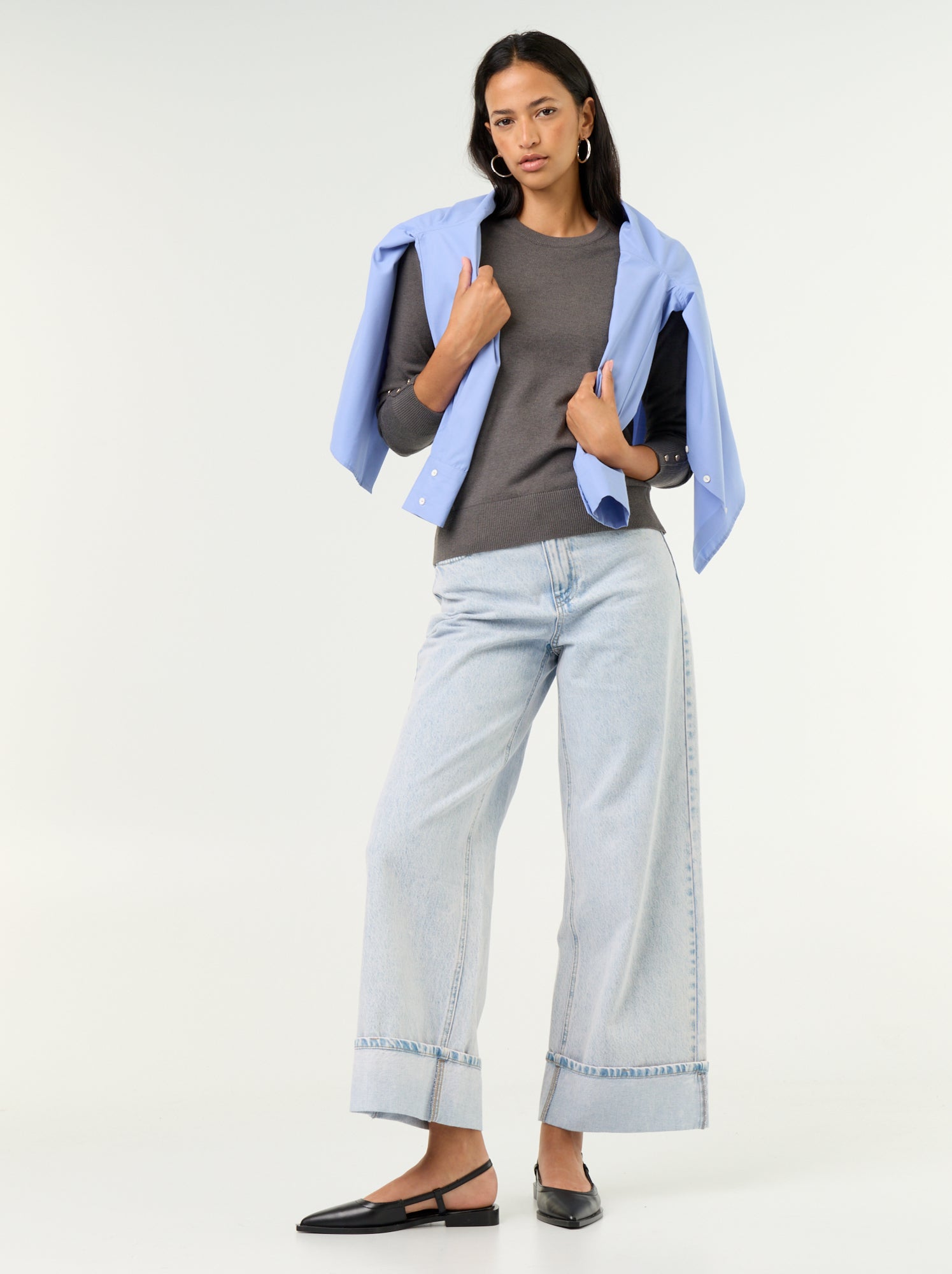 Pull col rond en maille fine jauge - Gris