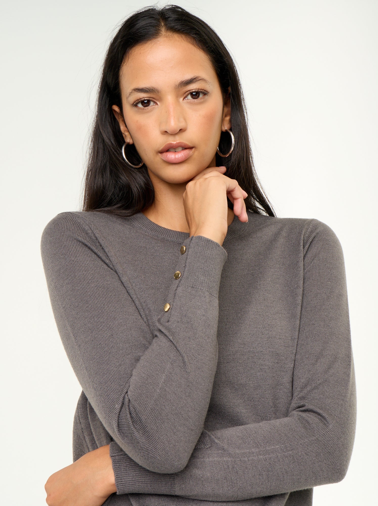 Pull col rond en maille fine jauge - Gris