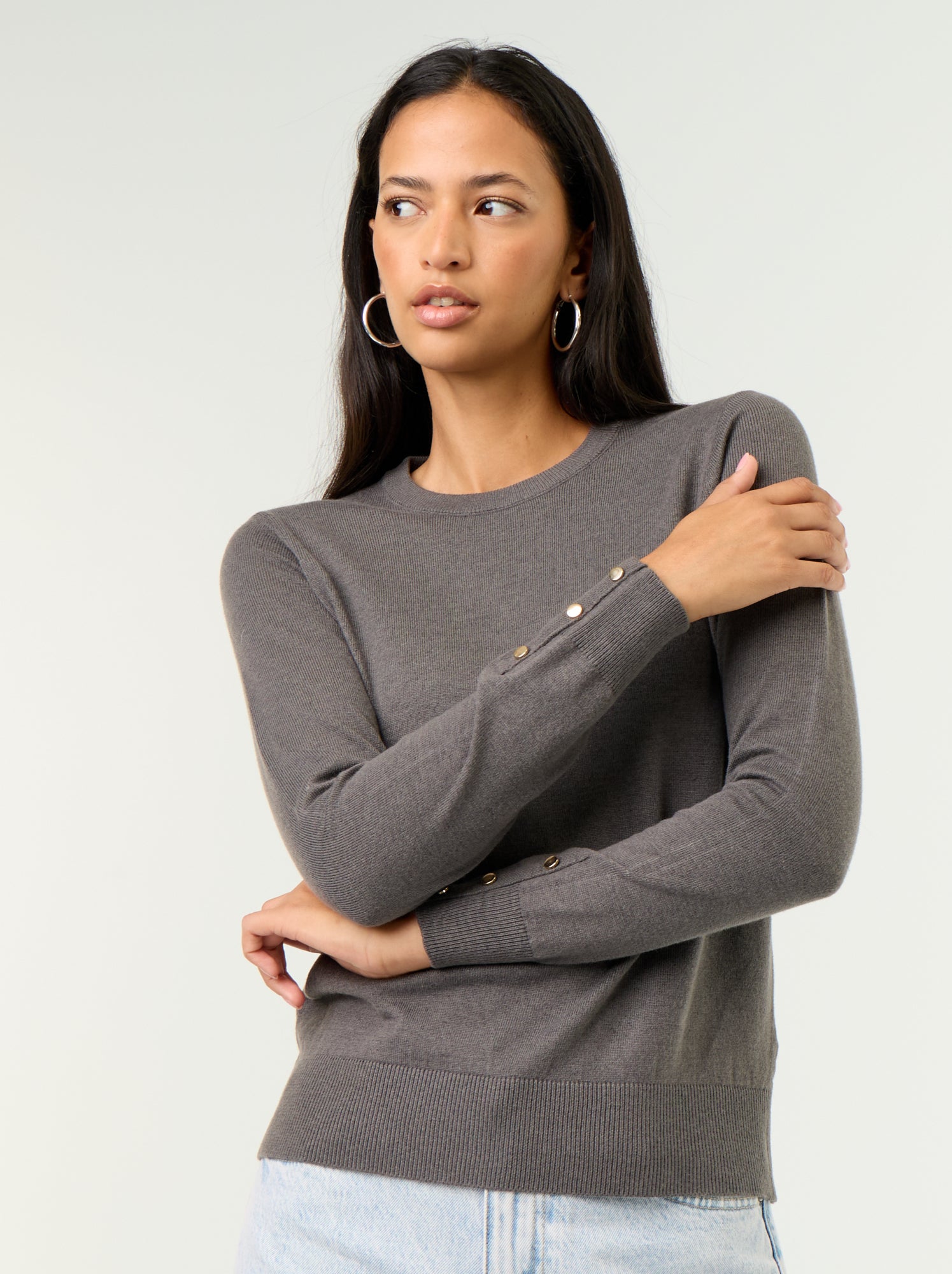Pull col rond en maille fine jauge - Gris