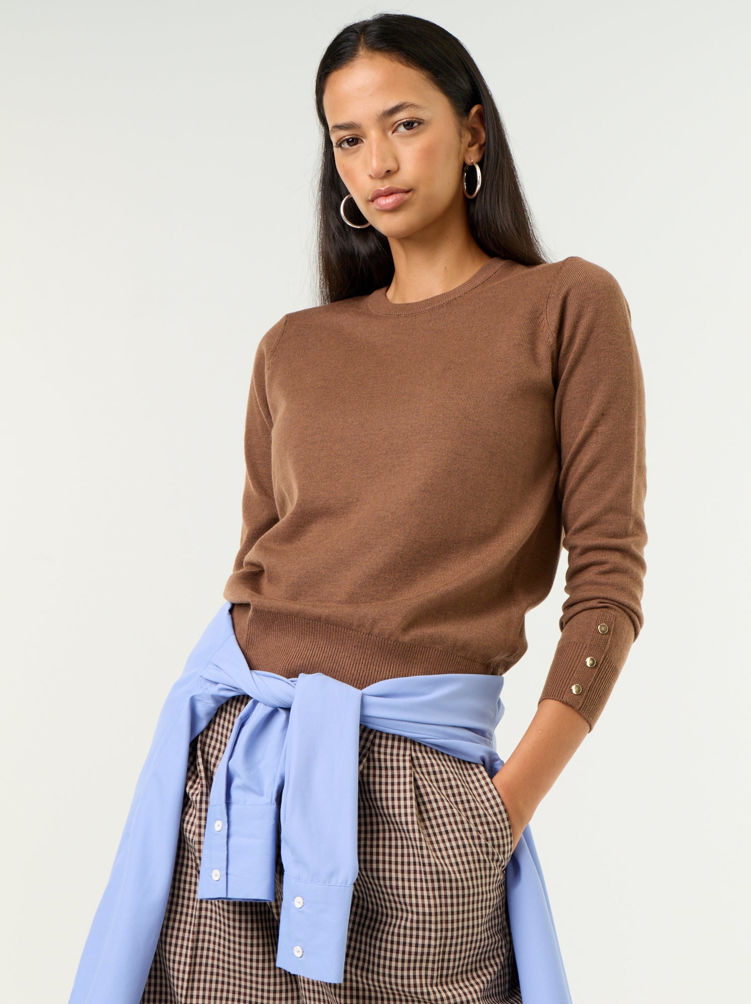 Pull col rond en maille fine jauge - Marron