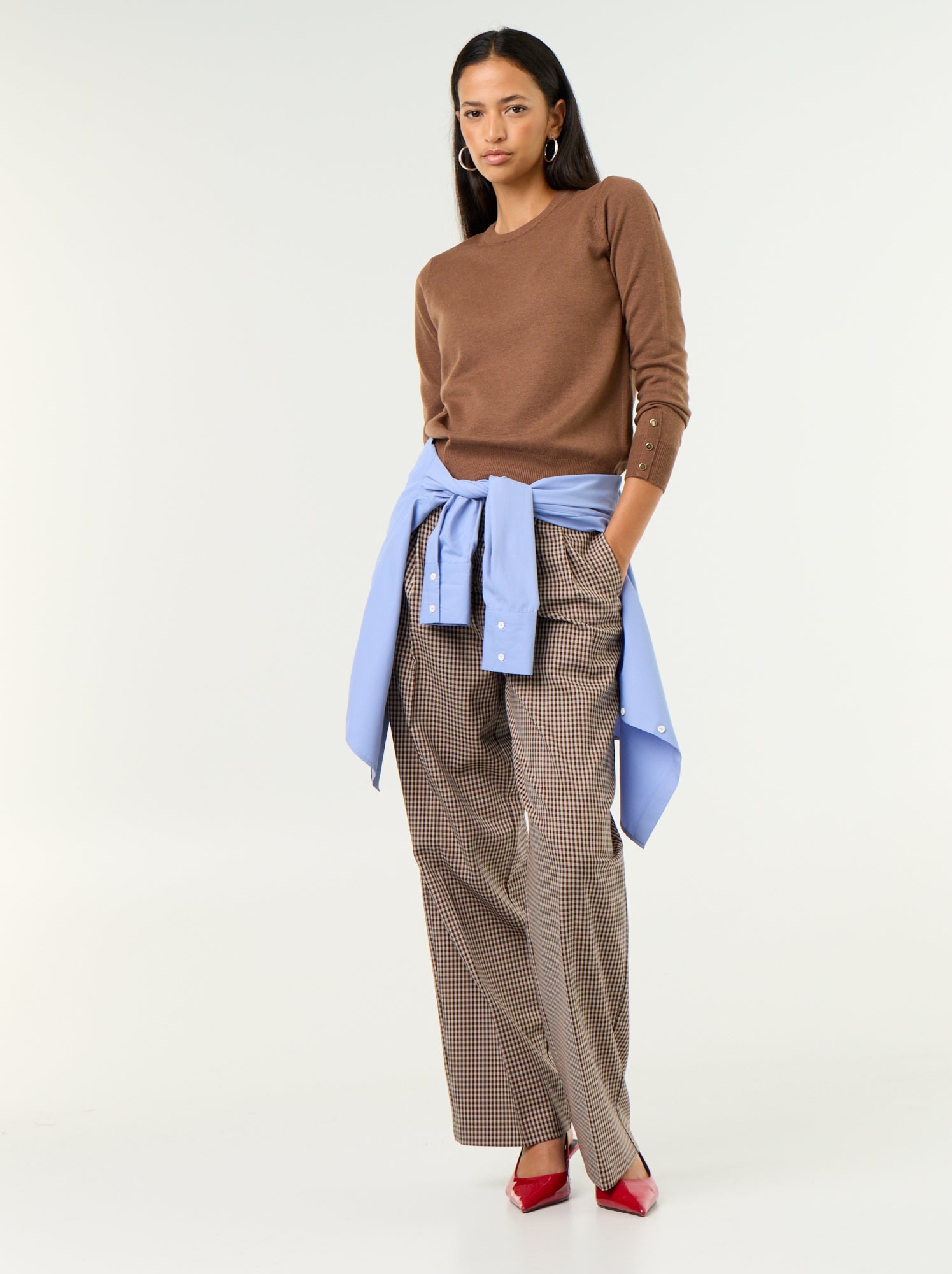 Pull col rond en maille fine jauge - Marron