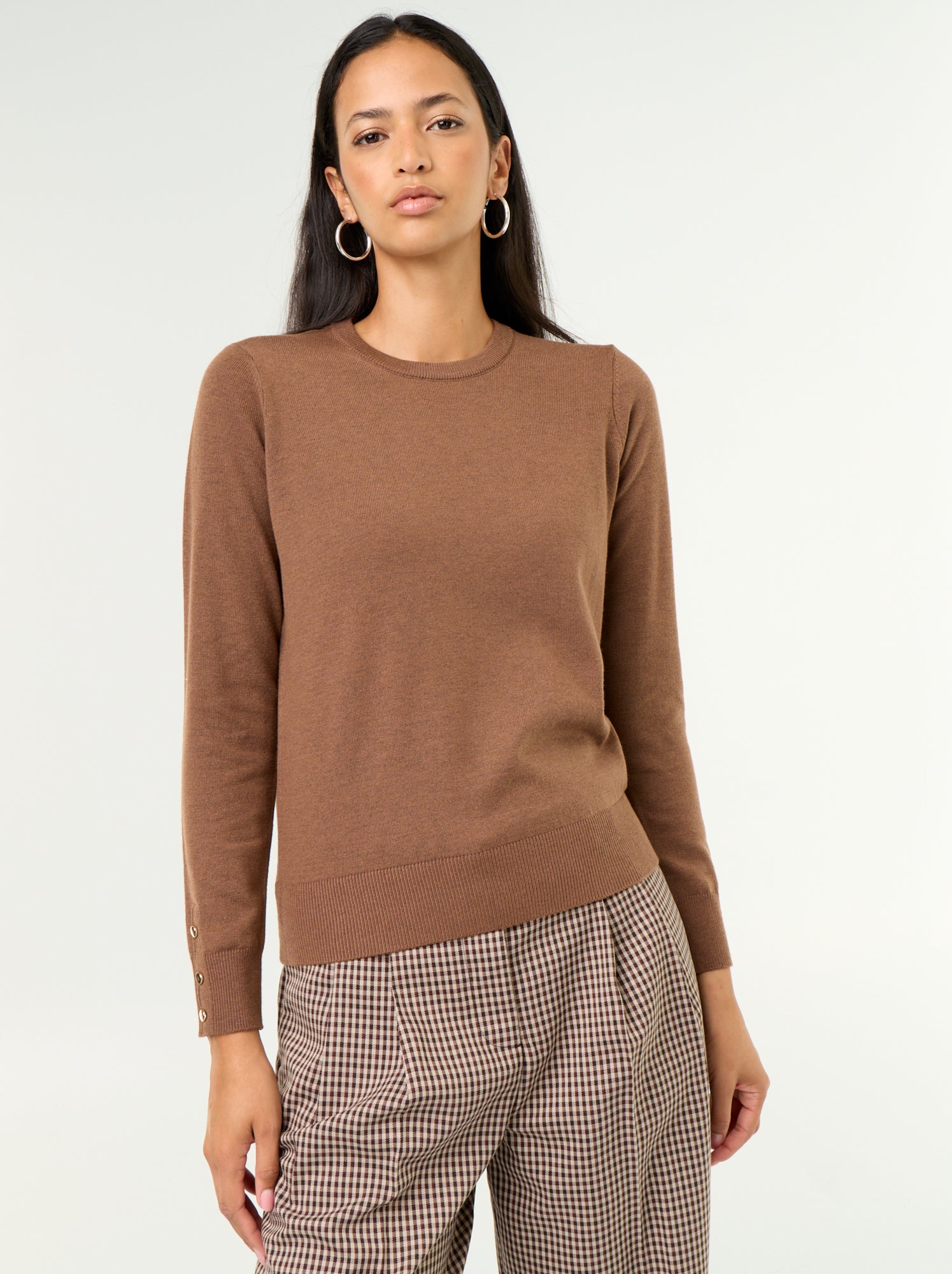 Pull col rond en maille fine jauge - Marron