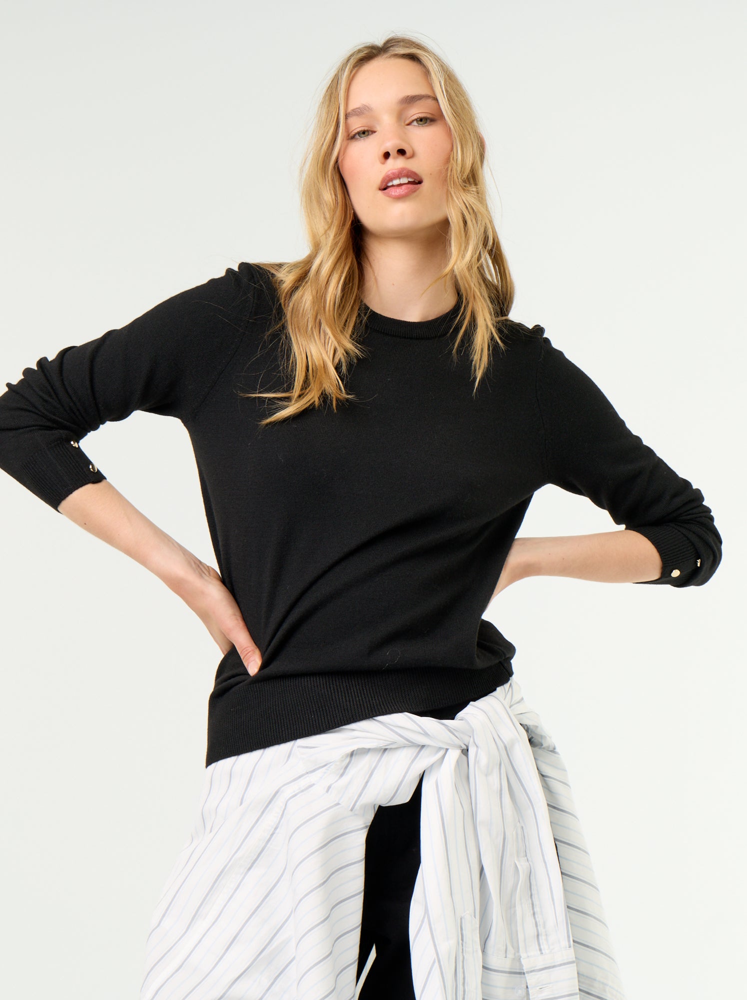 Pull col rond en maille fine jauge - Noir
