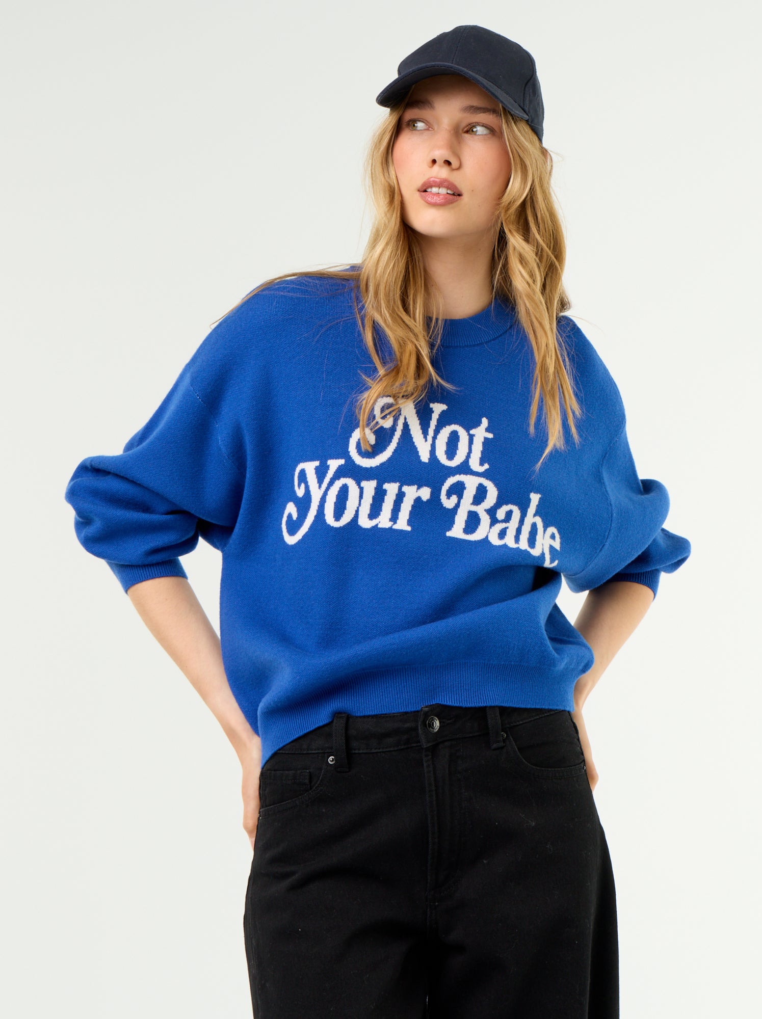 Pull col rond maille douce avec inscription - Bleu