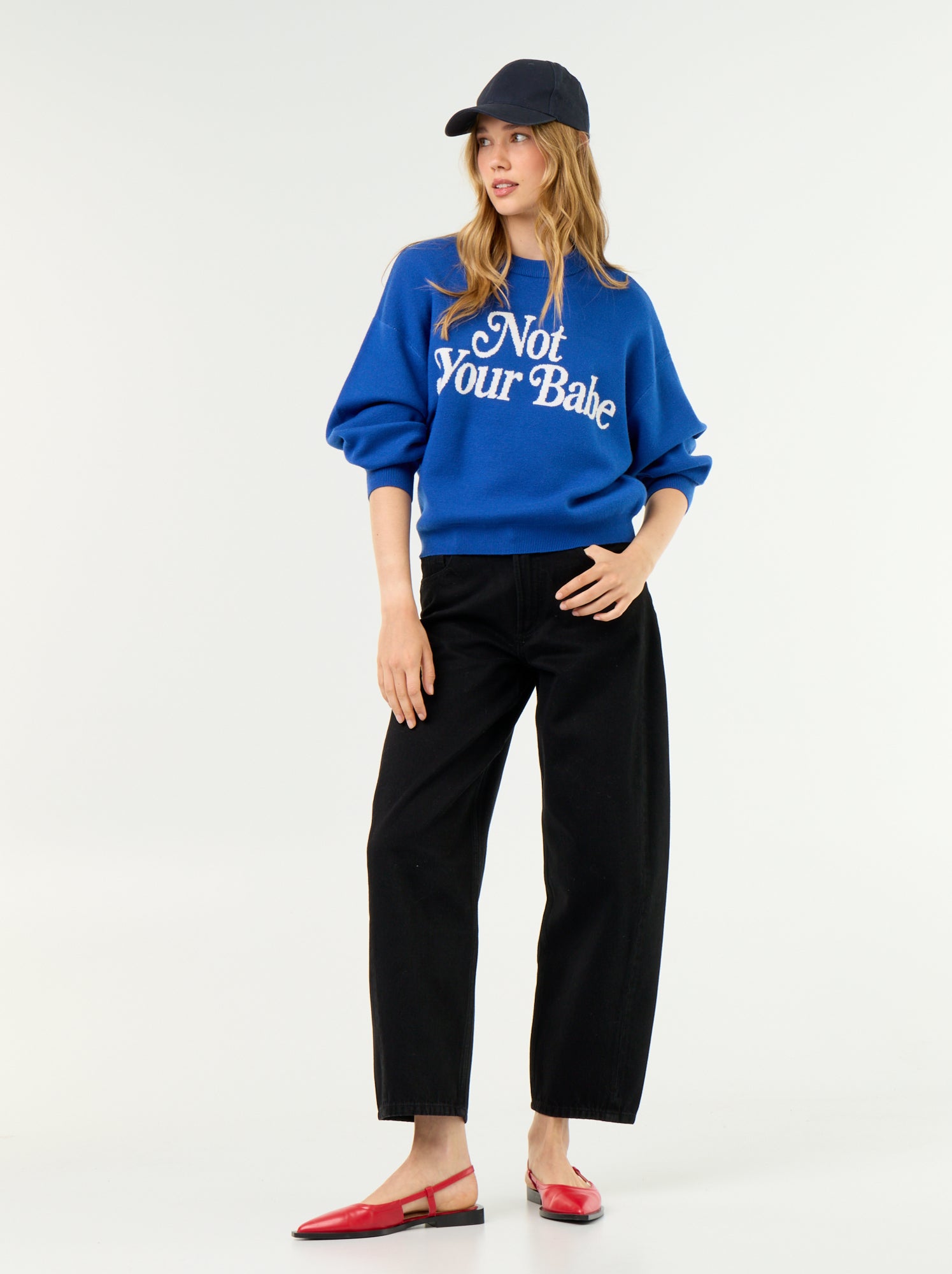 Pull col rond maille douce avec inscription - Bleu