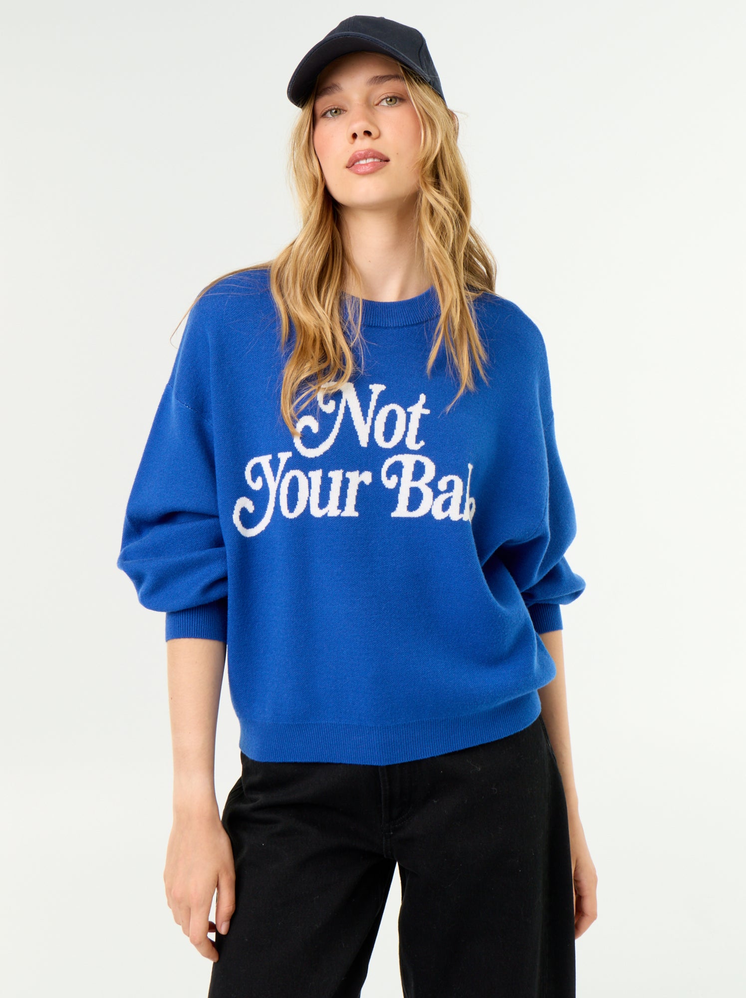 Pull col rond maille douce avec inscription - Bleu